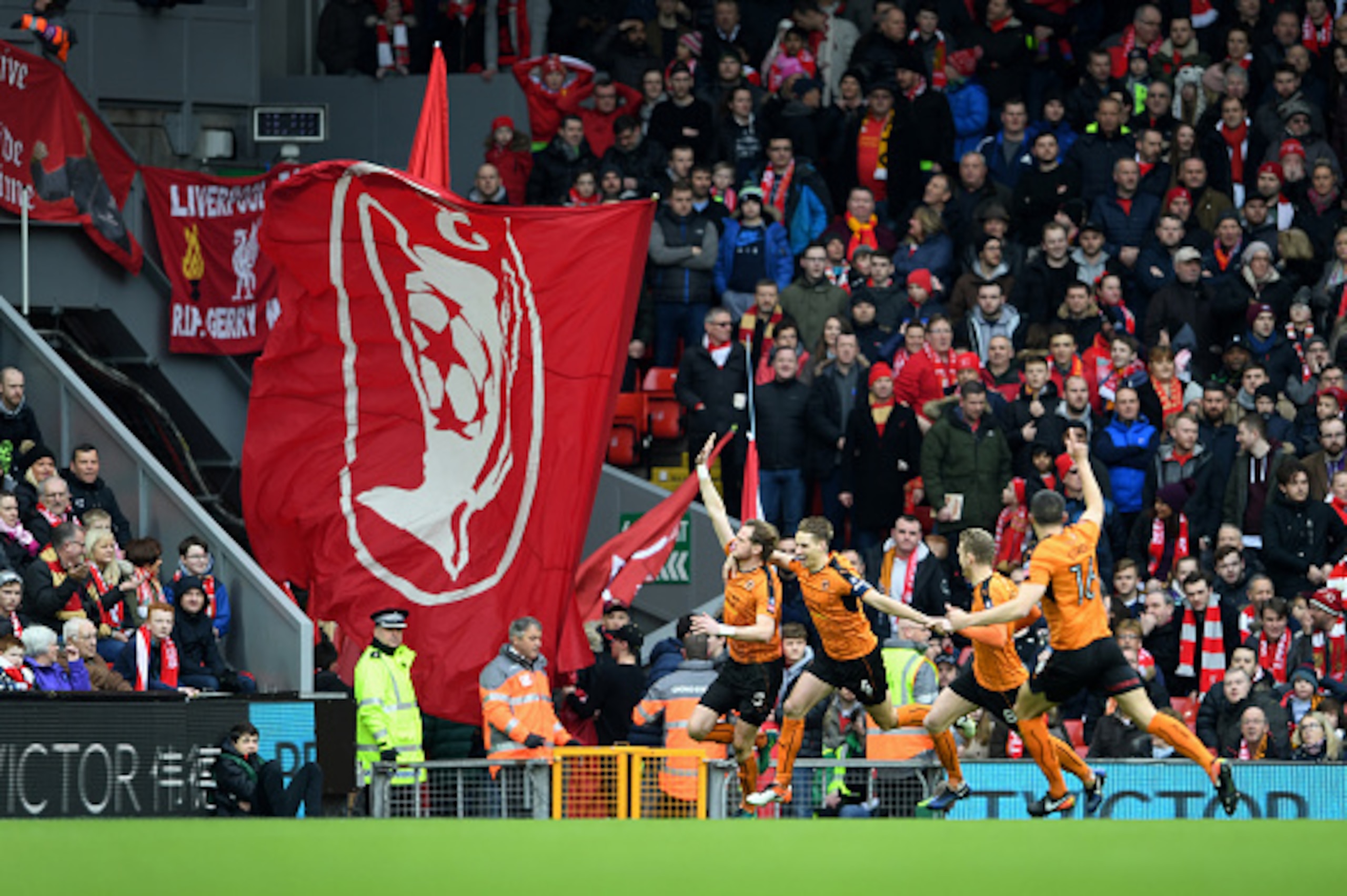 LIVERPOOL, ENGLAND - JANUARY 28: Richard Stearman of Wolverhampton Wanderers celebrates after scoring a goal to make it 0-1 during The Emirates FA Cup Fourth Round between Liverpool and Wolverhampton Wanderers at Anfield on January 28, 2017 in Liverpool, 