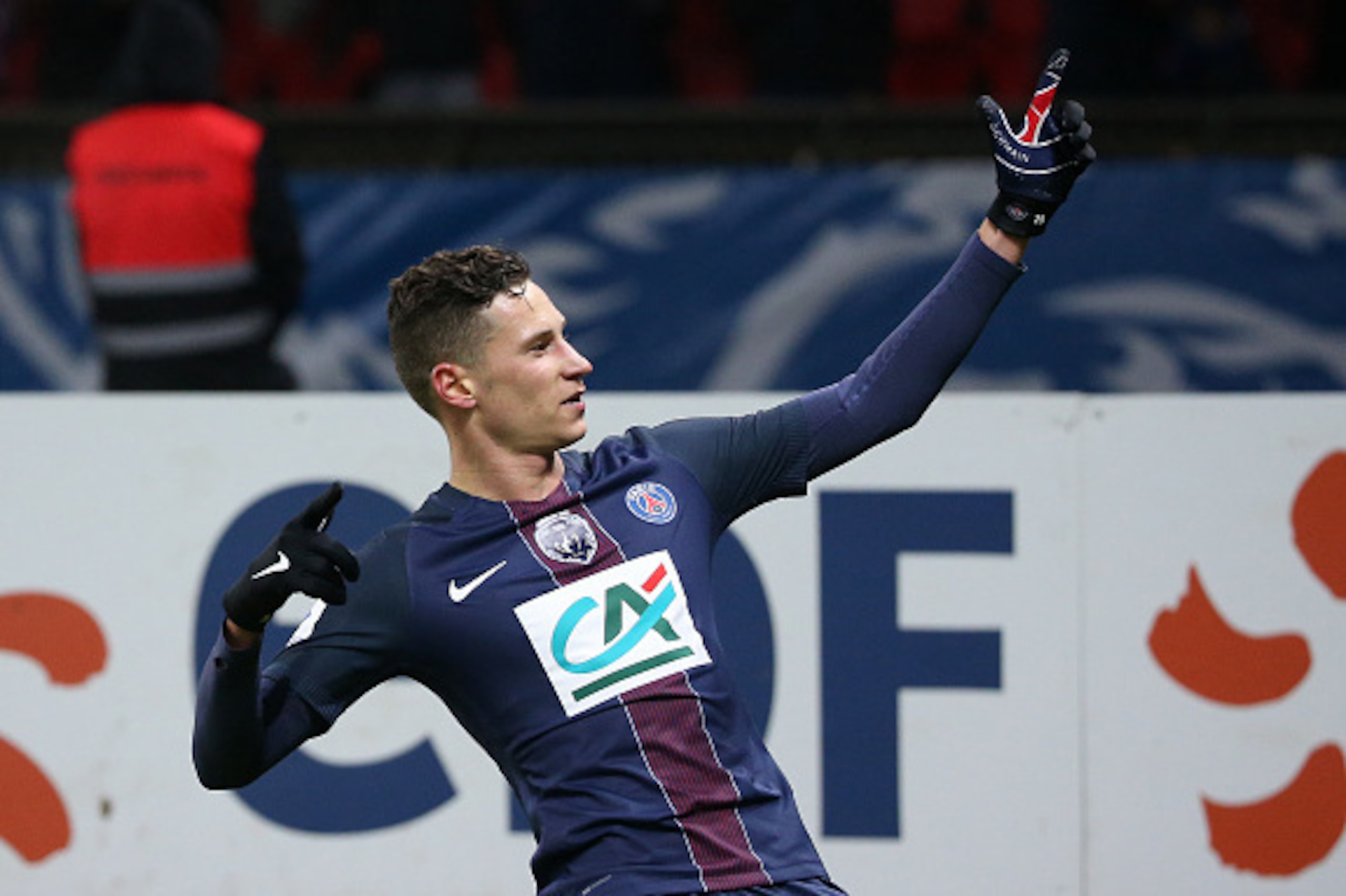 PARIS, FRANCE - JANUARY 7: Julian Draxler of PSG celebrates his first goal with his new team during the French Cup match between Paris Saint-Germain and SC Bastia at Parc des Princes on January 7, 2017 in Paris, France. (Photo by Jean Catuffe/Getty Images