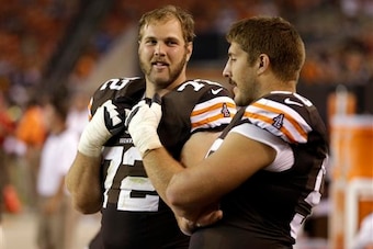 Former Cleveland Browns offensive tackle Mitchell Schwartz (left) and center Alex Mack (right).