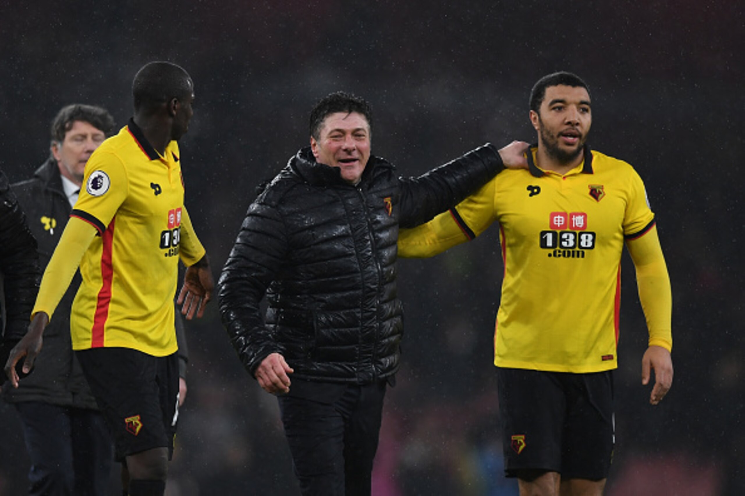 LONDON, ENGLAND - JANUARY 31:  Troy Deeney of Watford is congratulated by manager Walter Mazzarri during the Premier League match between Arsenal and Watford at Emirates Stadium on January 31, 2017 in London, England.  (Photo by Shaun Botterill/Getty Imag