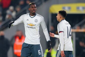 HULL, ENGLAND - JANUARY 26:  Paul Pogba of Manchester United (6) celebrates with Jesse Lingard (14) as he scores their first goal during the EFL Cup Semi-Final second leg match between Hull City and Manchester United at KCOM Stadium on January 26, 2017 in