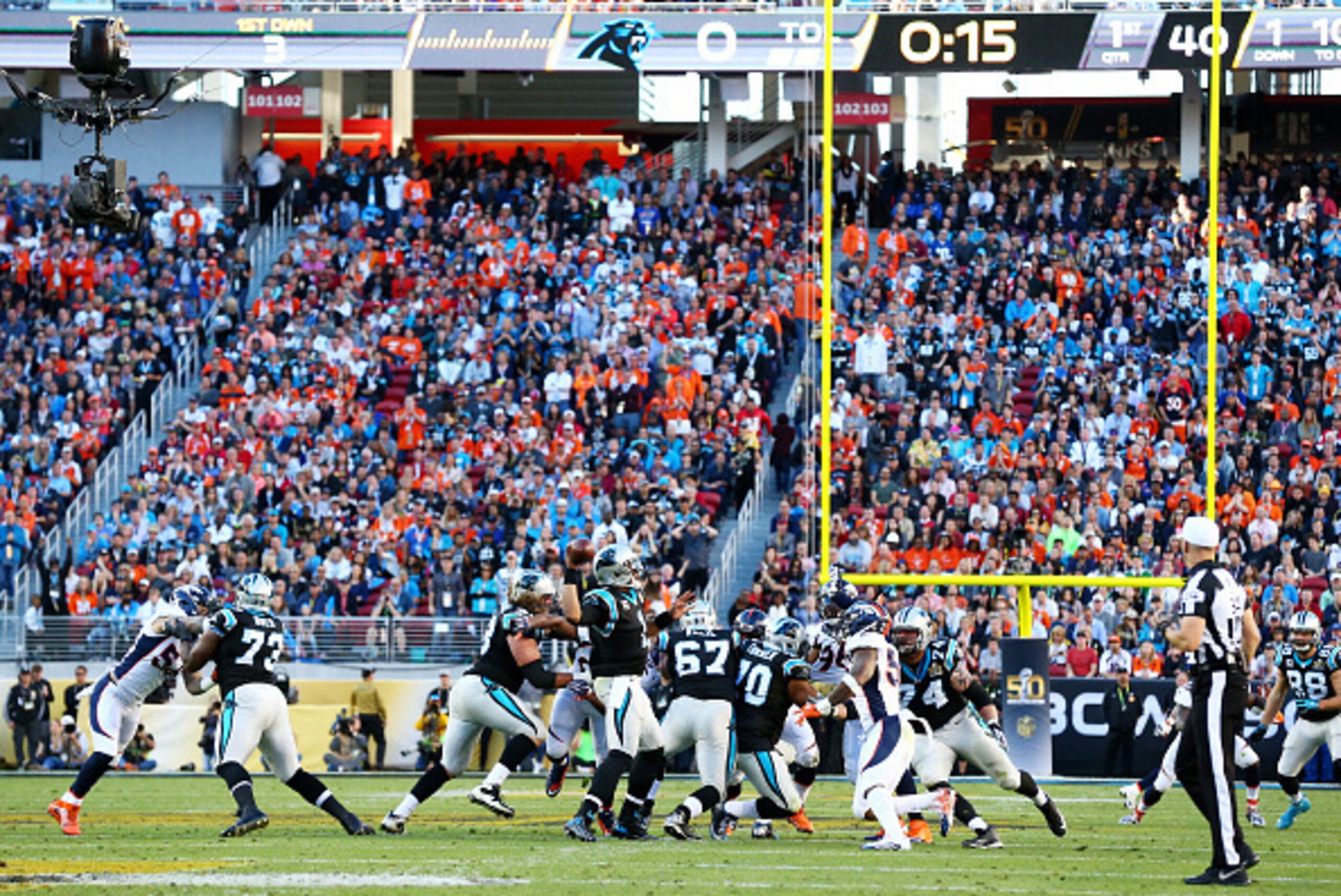 SANTA CLARA, CA - FEBRUARY 07:  Cam Newton #1 of the Carolina Panthers throws a pass against the Denver Broncos in the first quarter during Super Bowl 50 at Levi's Stadium on February 7, 2016 in Santa Clara, California.  (Photo by Ronald Martinez/Getty Im