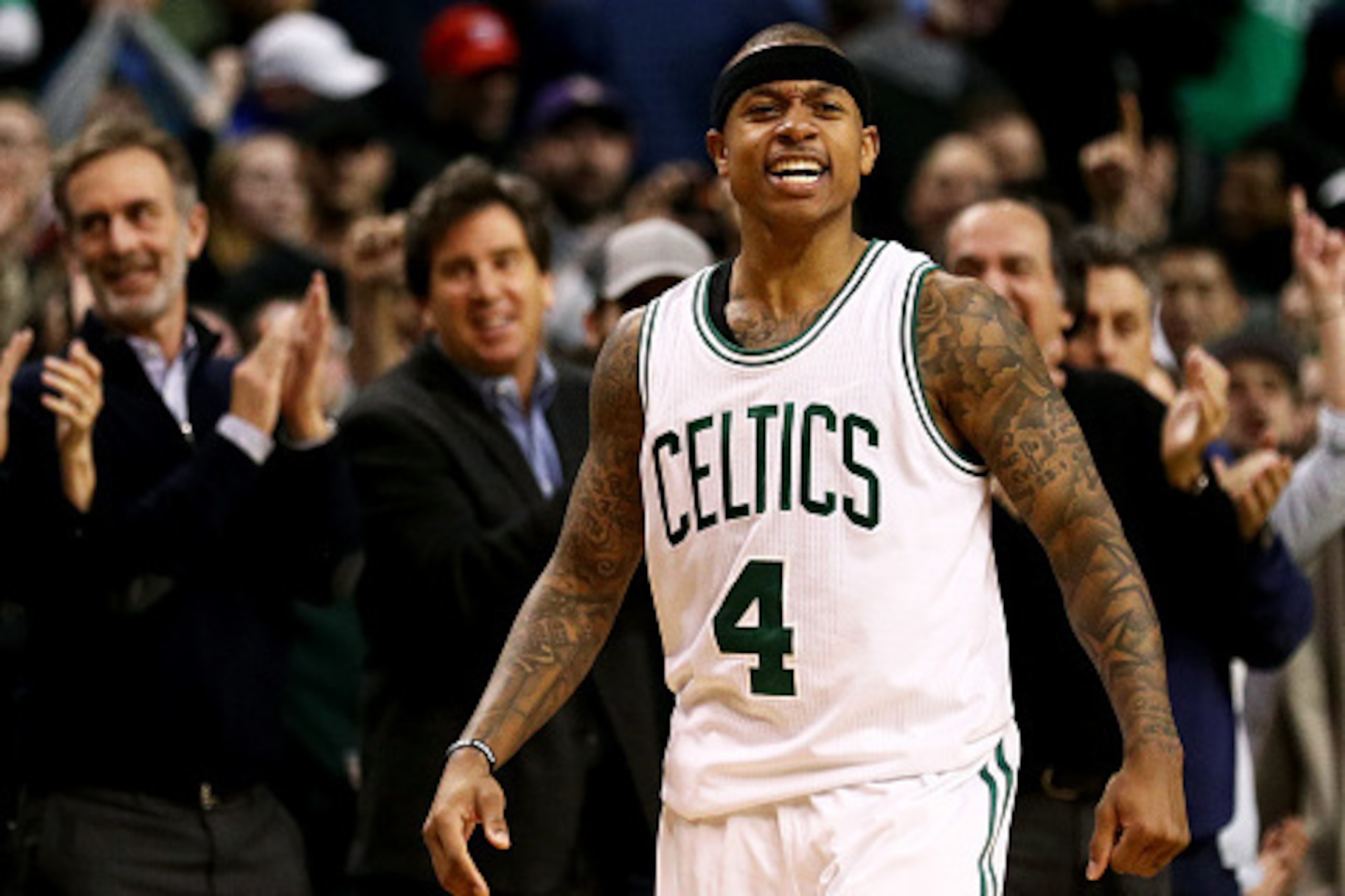 BOSTON, MA - FEBRUARY 1: Isaiah Thomas #4 of the Boston Celtics celebrates during the fourth quarter against the Toronto Raptors at TD Garden on February 1, 2017 in Boston, Massachusetts. The Celtics defeat the Raptors 107-102.  NOTE TO USER: User express