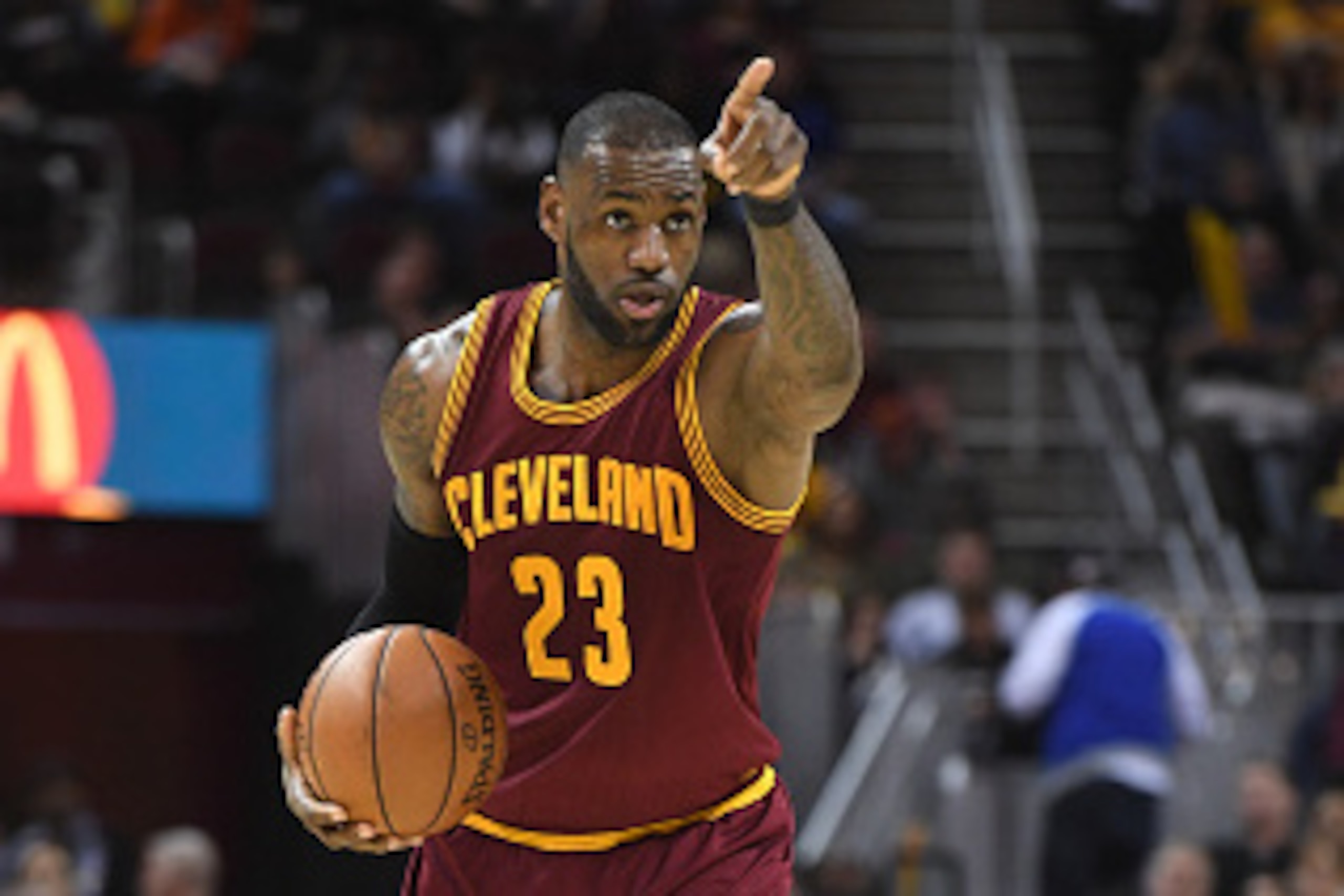 CLEVELAND, OH - FEBRUARY 1: LeBron James #23 of the Cleveland Cavaliers calls a play during the second half against the Minnesota Timberwolves at Quicken Loans Arena on February 1, 2017 in Cleveland, Ohio. The Cavaliers defeated the Timberwolves 125-97. N