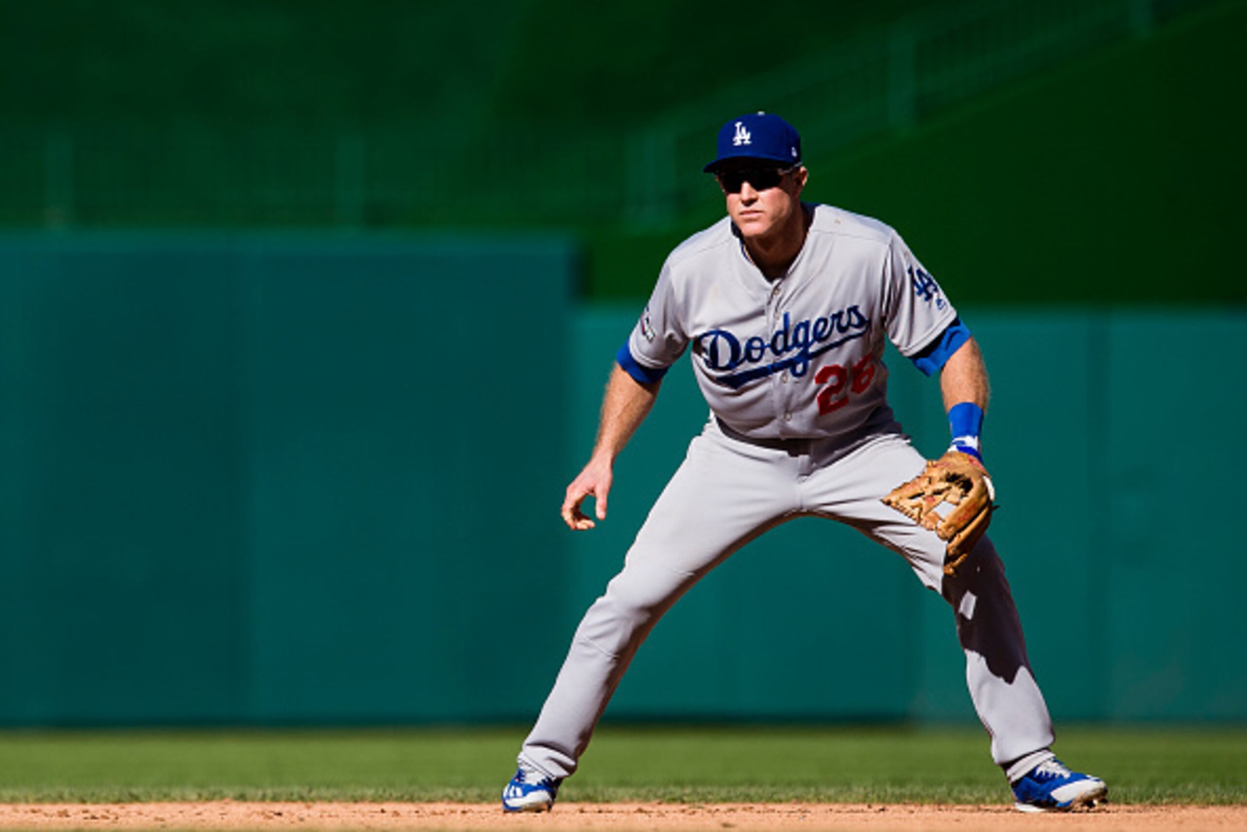 WASHINGTON, DC - OCTOBER 09: Chase Utley #26 of the Los Angeles Dodgers in action in the fifth inning in game two of the National League Division Series againt the Washington Nationals at Nationals Park on October 9, 2016 in Washington, DC. (Photo by Patr