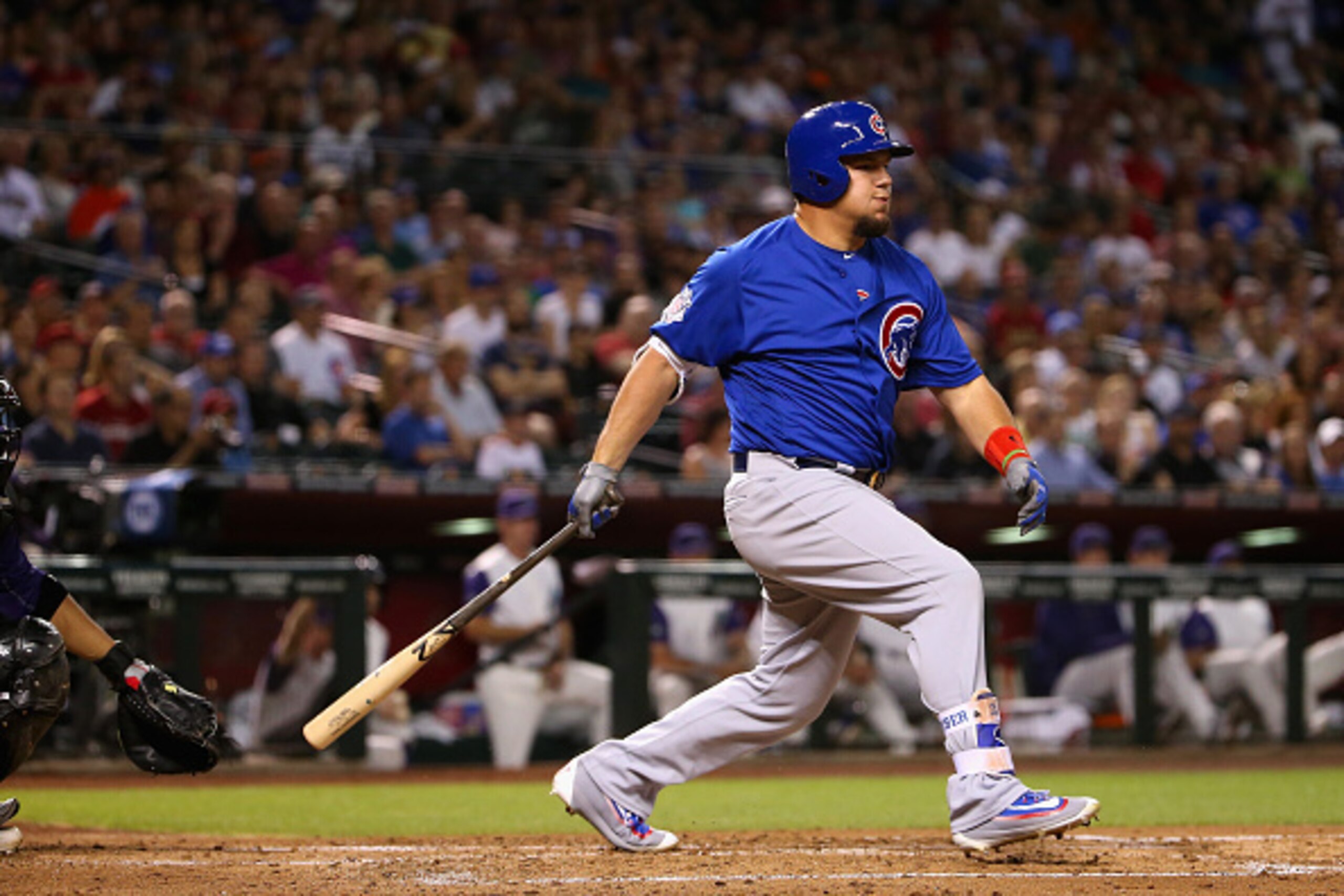 PHOENIX, AZ - APRIL 07:  Kyle Schwarber #12 of the Chicago Cubs bats against the Arizona Diamondbacks during the MLB game at Chase Field on April 7, 2016 in Phoenix, Arizona.  (Photo by Christian Petersen/Getty Images)