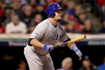 CLEVELAND, OH - OCTOBER 25:  Kyle Schwarber #12 of the Chicago Cubs reacts after hitting a double during the fourth inning against the Cleveland Indians in Game One of the 2016 World Series at Progressive Field on October 25, 2016 in Cleveland, Ohio.  (Ph