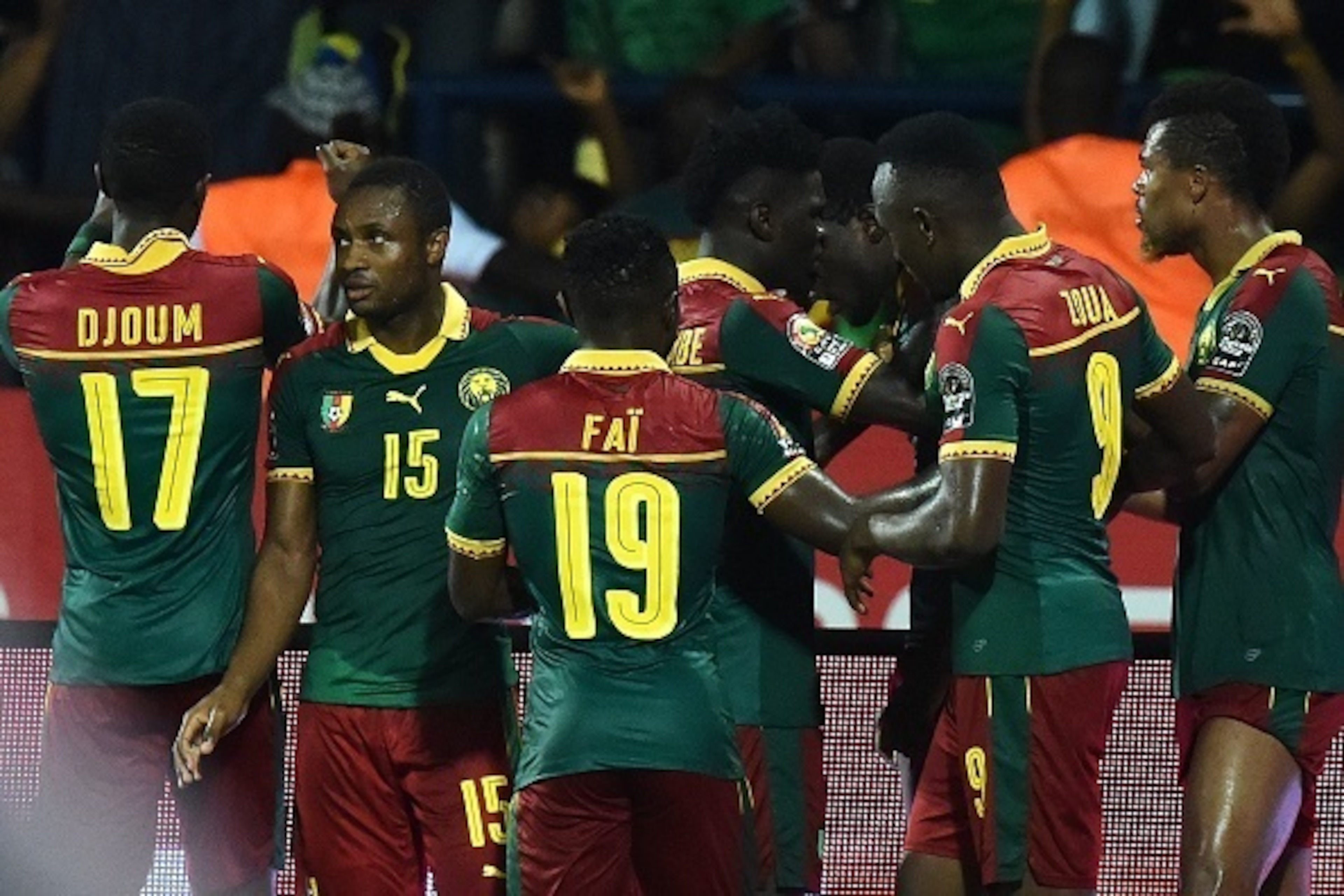 Cameroon's players celebrate after scoring a goal during the 2017 Africa Cup of Nations semi-final football match between Cameroon and Ghana in Franceville on February 2, 2017. / AFP / ISSOUF SANOGO        (Photo credit should read ISSOUF SANOGO/AFP/Getty