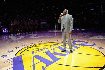 LOS ANGELES, CA - APRIL 13:  NBA Legend, Magic Johnson announces Kobe Bryant #24 of the Los Angeles Lakers before his last game against the Utah Jazz on April 13, 2016 at Staples Center in Los Angeles, California. NOTE TO USER: User expressly acknowledges