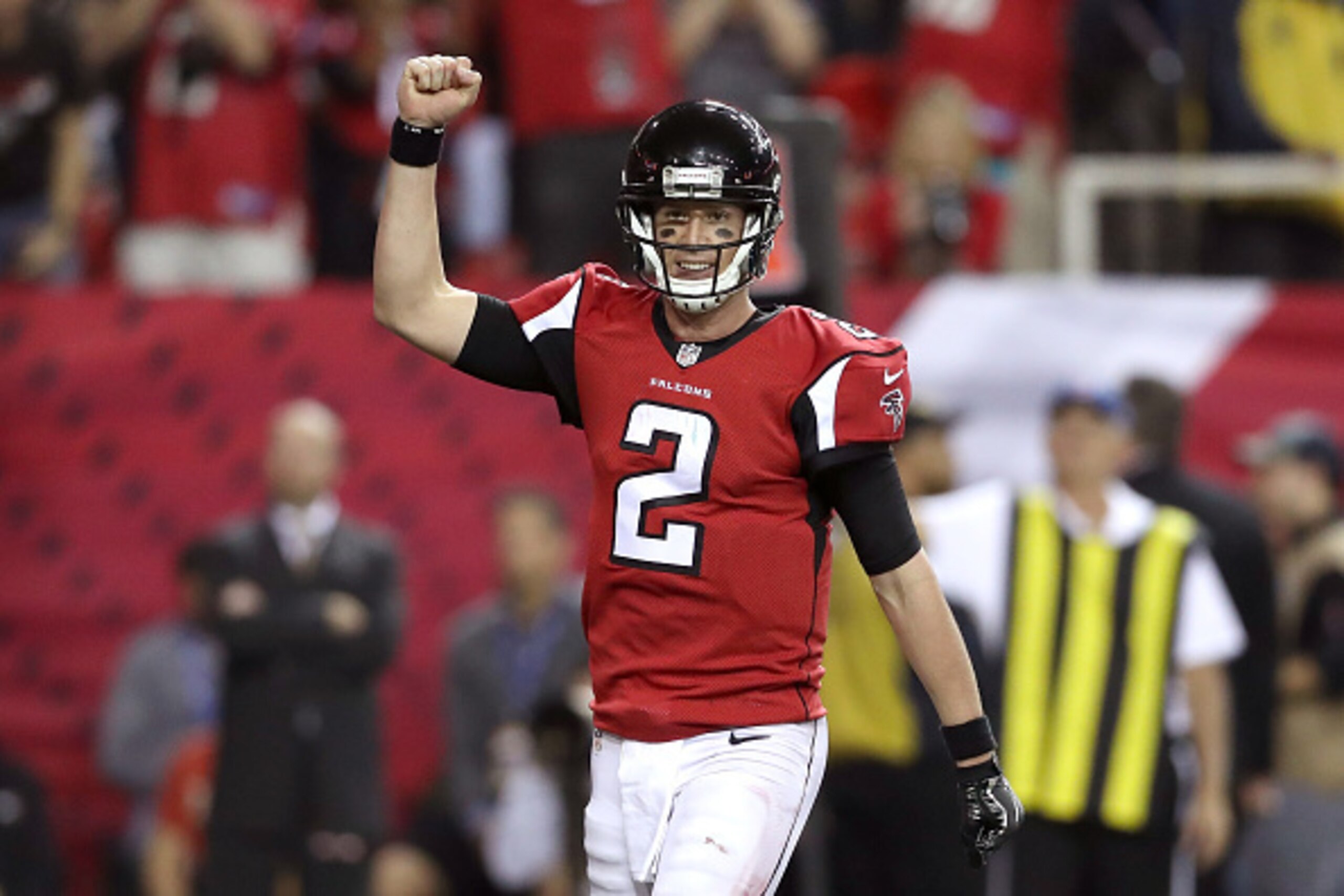 ATLANTA, GA - JANUARY 22:  Matt Ryan #2 of the Atlanta Falcons reacts after a touchdown in the fourth quarter against the Green Bay Packers in the NFC Championship Game at the Georgia Dome on January 22, 2017 in Atlanta, Georgia.  (Photo by Rob Carr/Getty