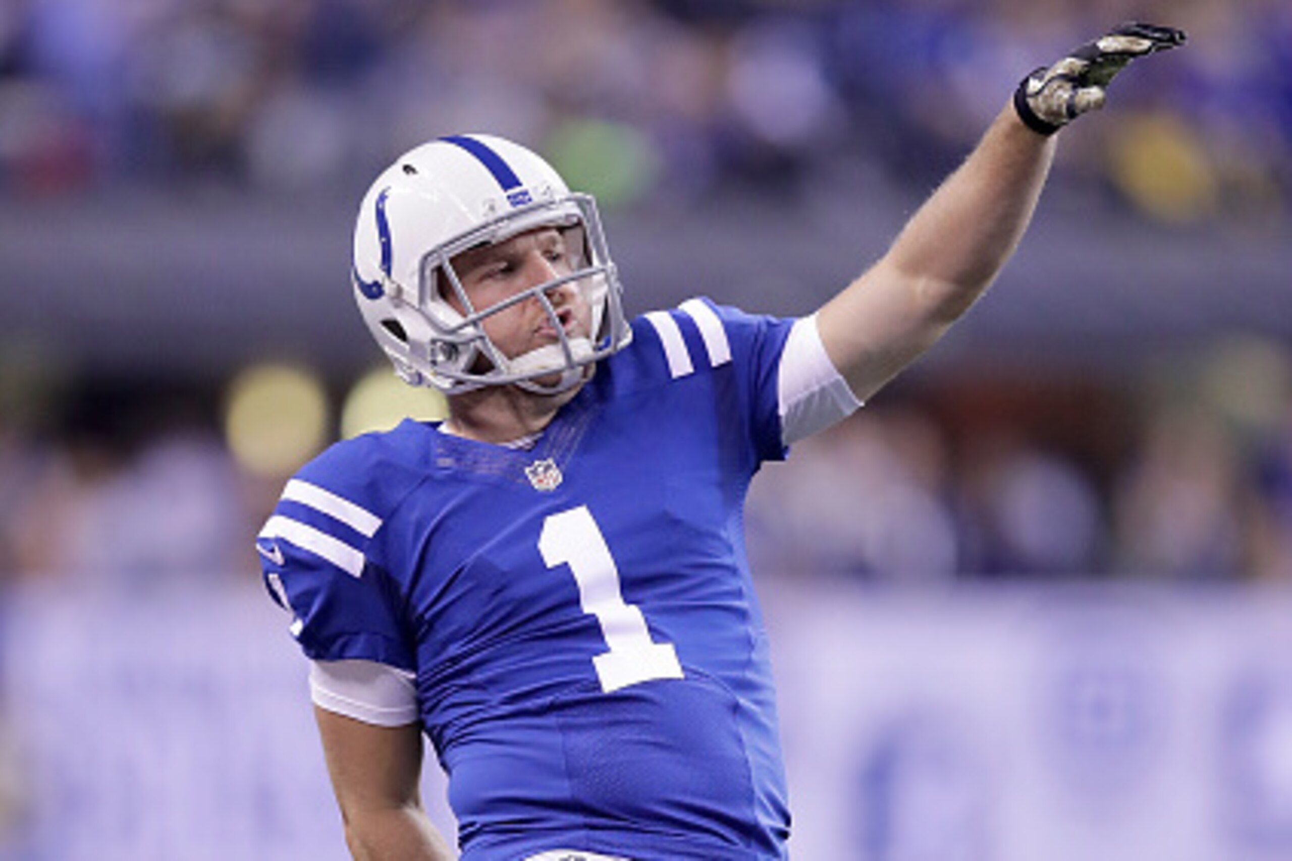 INDIANAPOLIS, IN - NOVEMBER 24:  Pat McAfee #1 of the Indianapolis Colts reacts after throwing a first down pass on a trick play during the second quarter of the game against the Pittsburgh Steelers at Lucas Oil Stadium on November 24, 2016 in Indianapoli