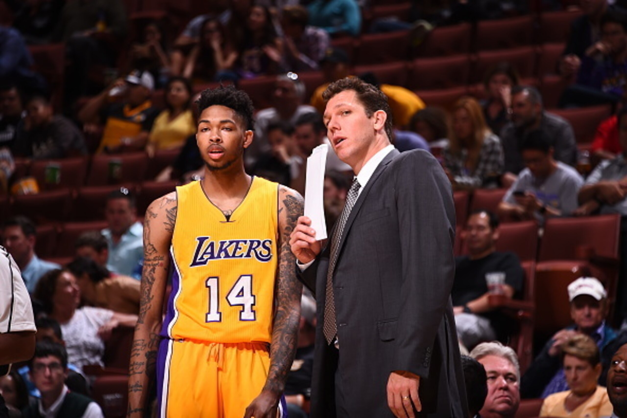 ANAHEIM, CA - OCTOBER 04:  Luke Walton and Brandon Ingram #14 of the Los Angeles Lakers talk during a preseason game against the Sacramento Kings at the Honda Center on October 04, 2016 in Anaheim, California. NOTE TO USER: User expressly acknowledges and
