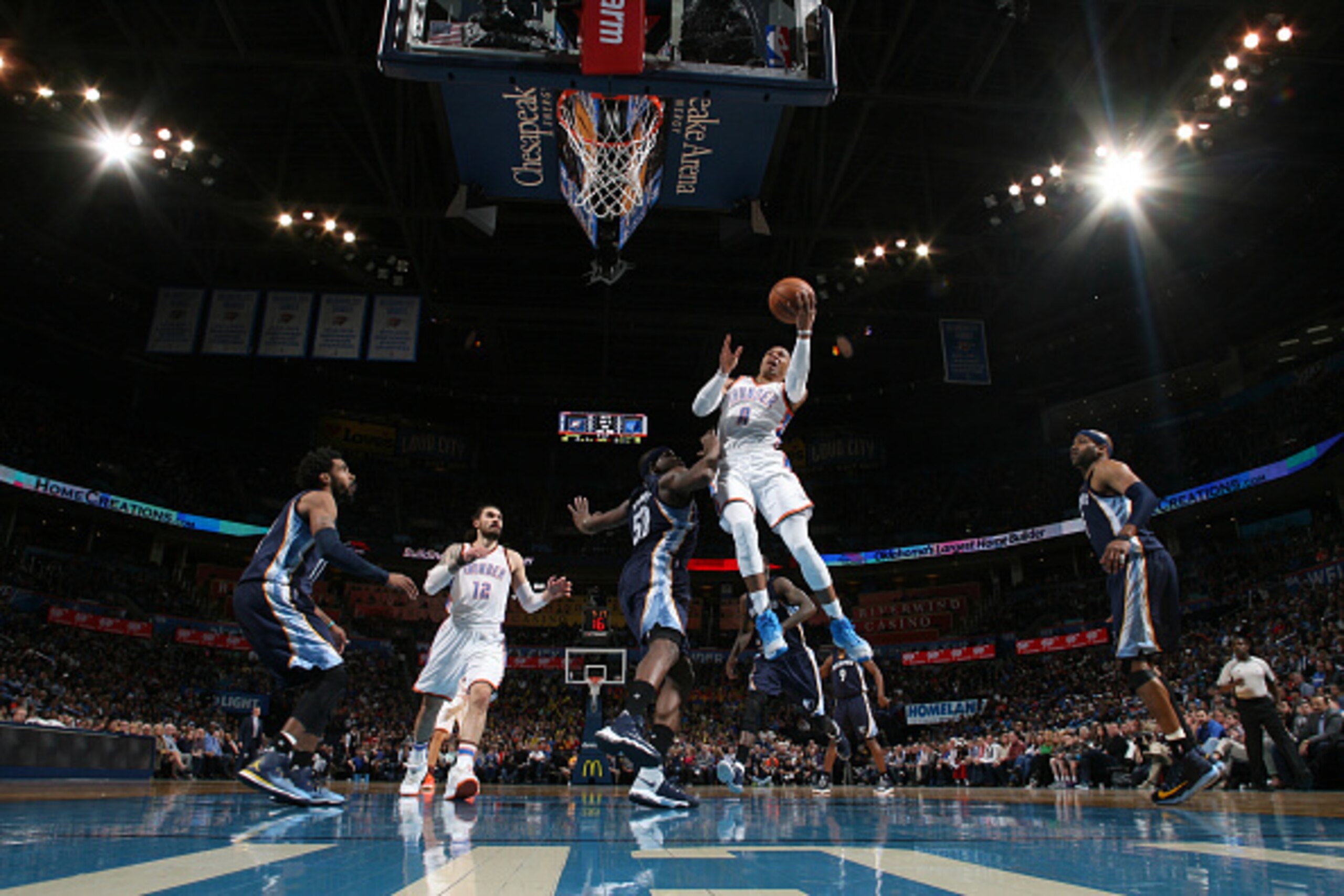OKLAHOMA CITY, OK - FEBRUARY 3:  Russell Westbrook #0 of the Oklahoma City Thunder goes up for a lay up during a game against the Memphis Grizzlies on February 3, 2017 at Chesapeake Energy Arena in Oklahoma City, Oklahoma. NOTE TO USER: User expressly ack