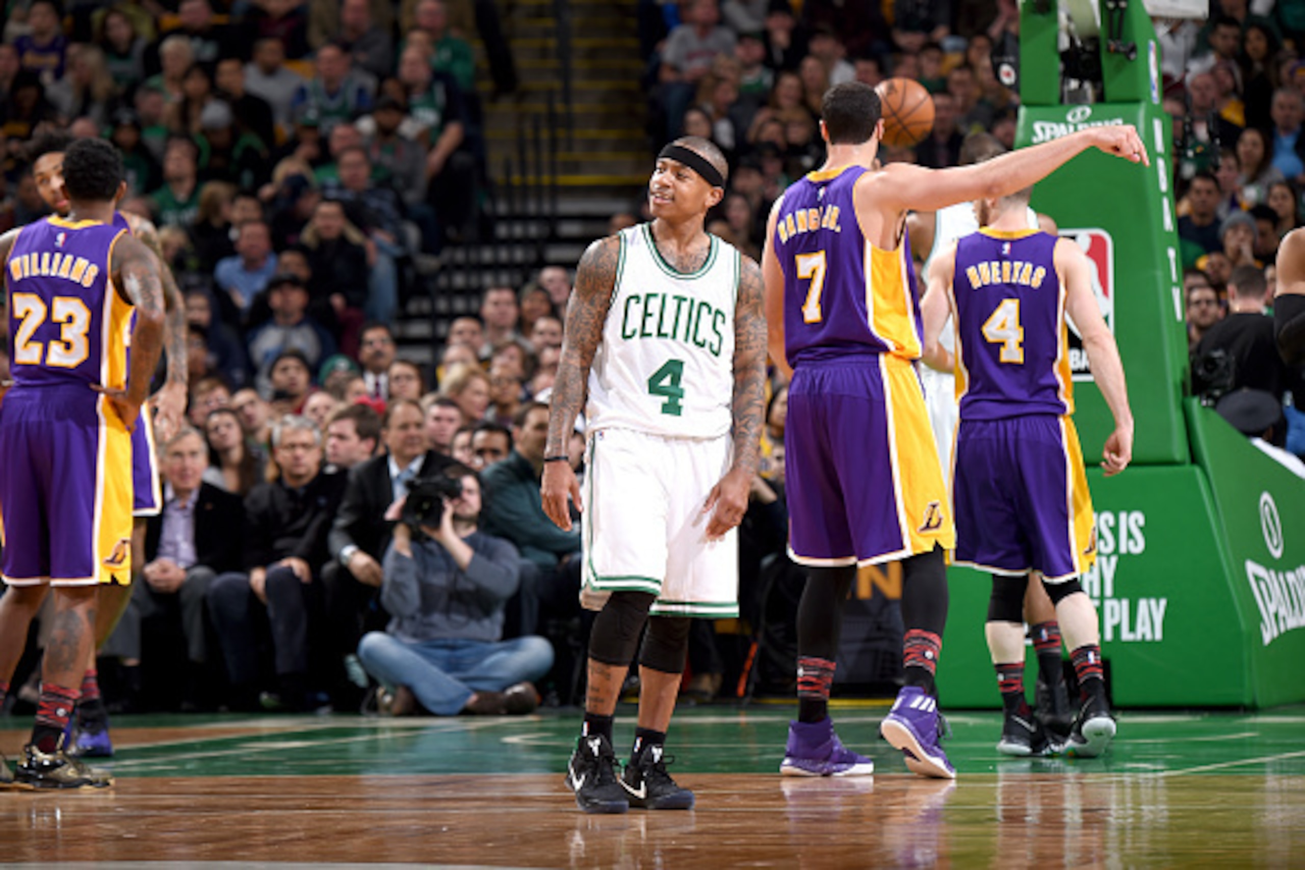 BOSTON, MA - FEBRUARY 3:  Isaiah Thomas #4 of the Boston Celtics looks on during the game against the Los Angeles Lakers on February 3, 2017 at the TD Garden in Boston, Massachusetts.  NOTE TO USER: User expressly acknowledges and agrees that, by download
