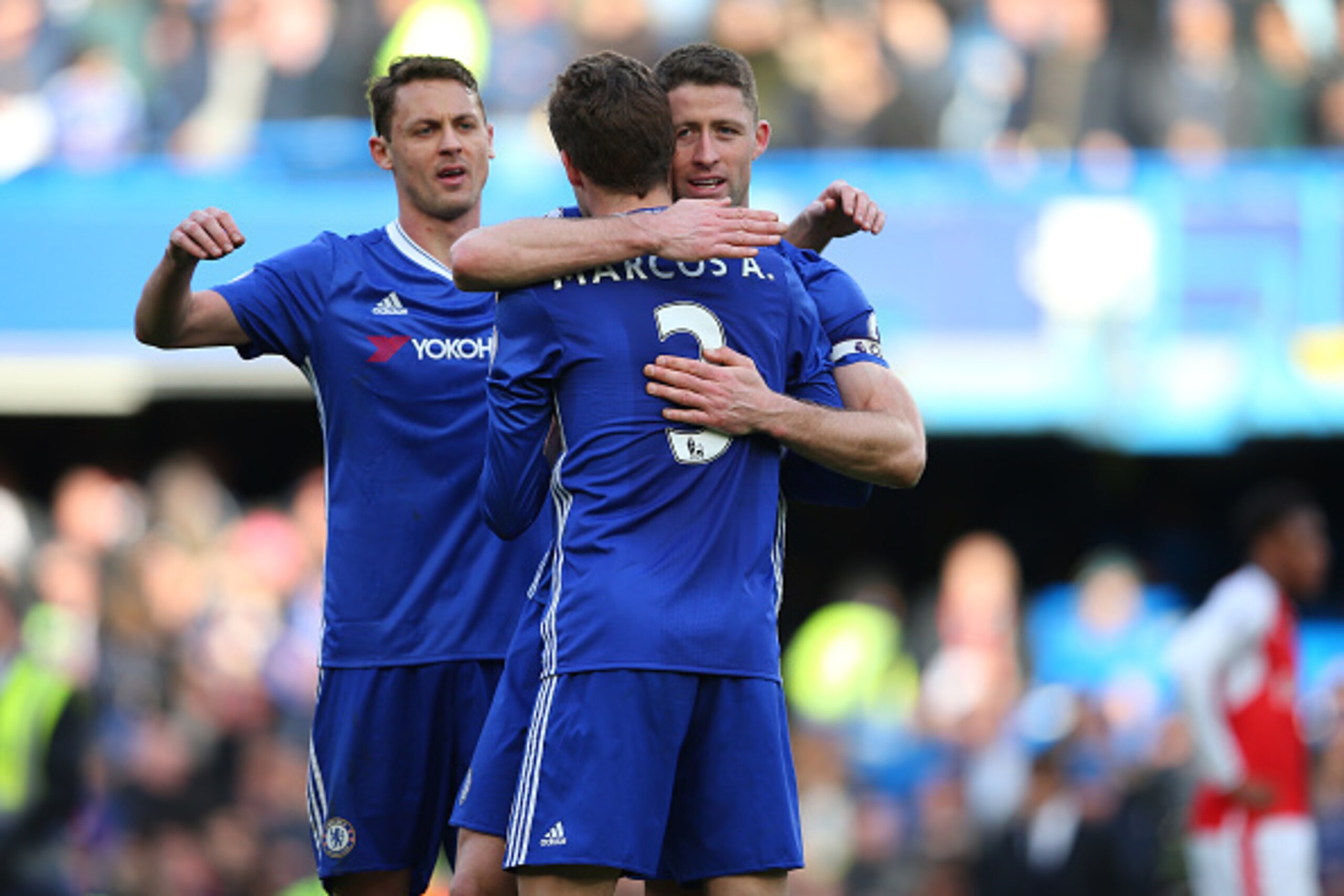 LONDON, ENGLAND - FEBRUARY 04: Gary Cahill and Nemanja Matic celebrate with Marcos Alonso of Chelsea after the Premier League match between Chelsea and Arsenal at Stamford Bridge on February 4, 2017 in London, England. (Photo by Catherine Ivill - AMA/Gett