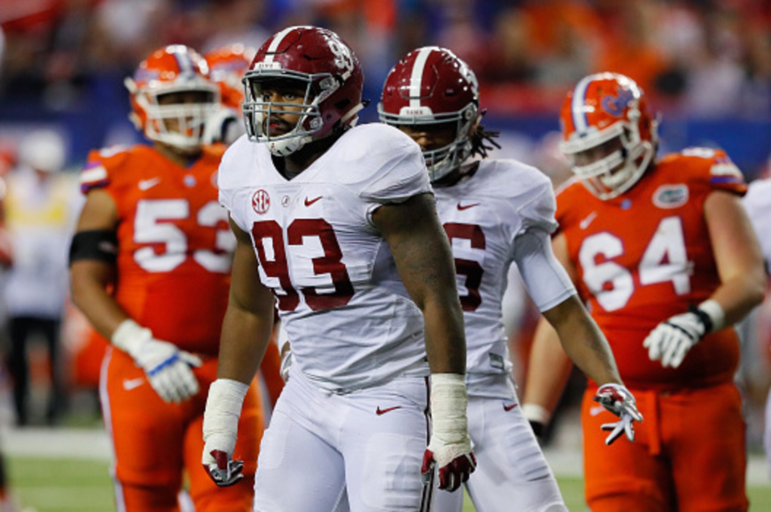 ATLANTA, GA - DECEMBER 03:  Jonathan Allen #93 of the Alabama Crimson Tide reacts after sacking Austin Appleby #12 of the Florida Gators in the fourth quarter during the SEC Championship game at the Georgia Dome on December 3, 2016 in Atlanta, Georgia.  (