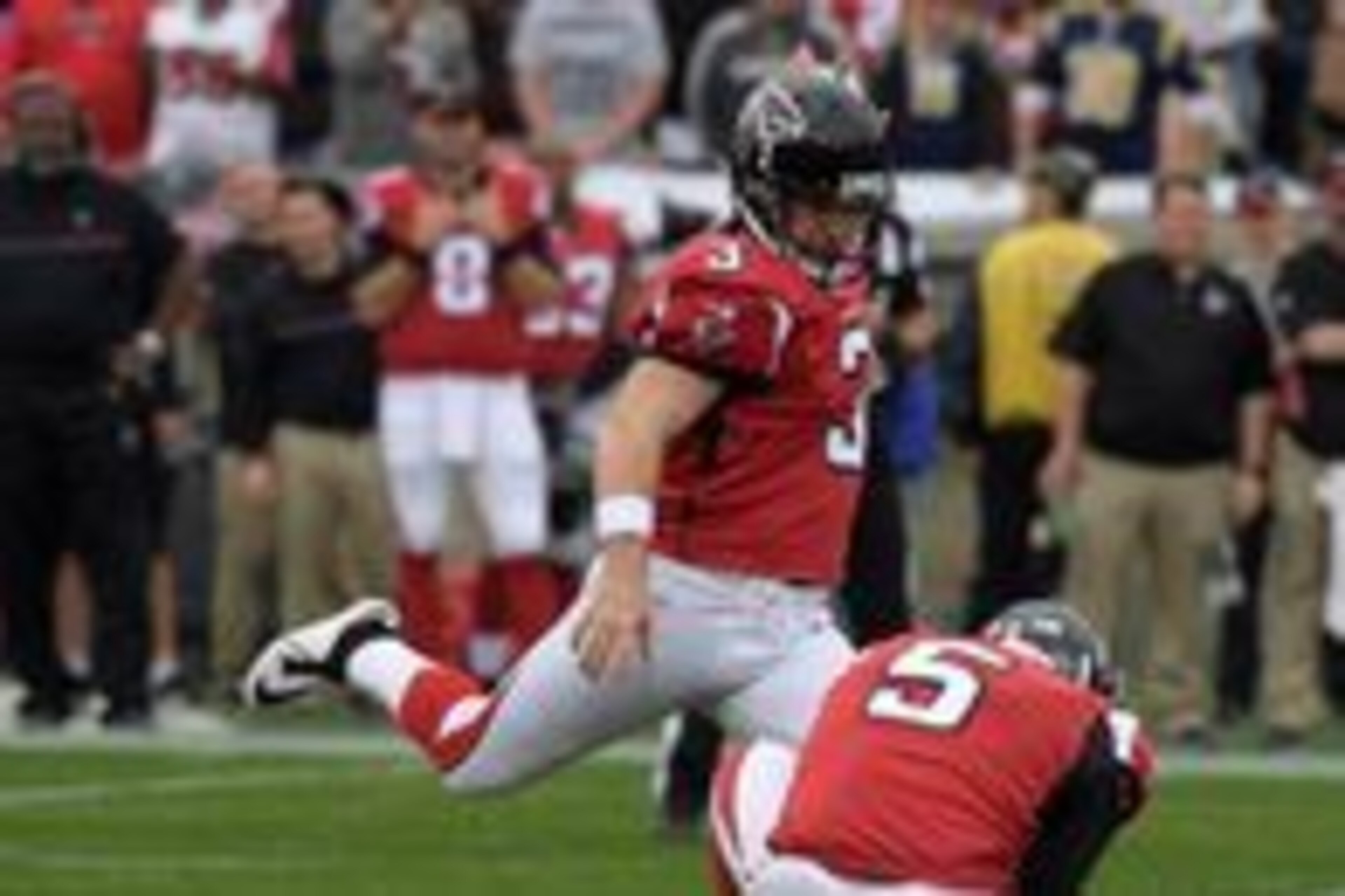 Dec 11, 2016; Los Angeles, CA, USA; Atlanta Falcons placekicker Matt Bryant (3) kicks a field goal out of the hold of Matt Bosher (5) during a NFL football game against the Los Angeles Rams at Los Angeles Memorial Coliseum.  The Falcons defeated the Rams 
