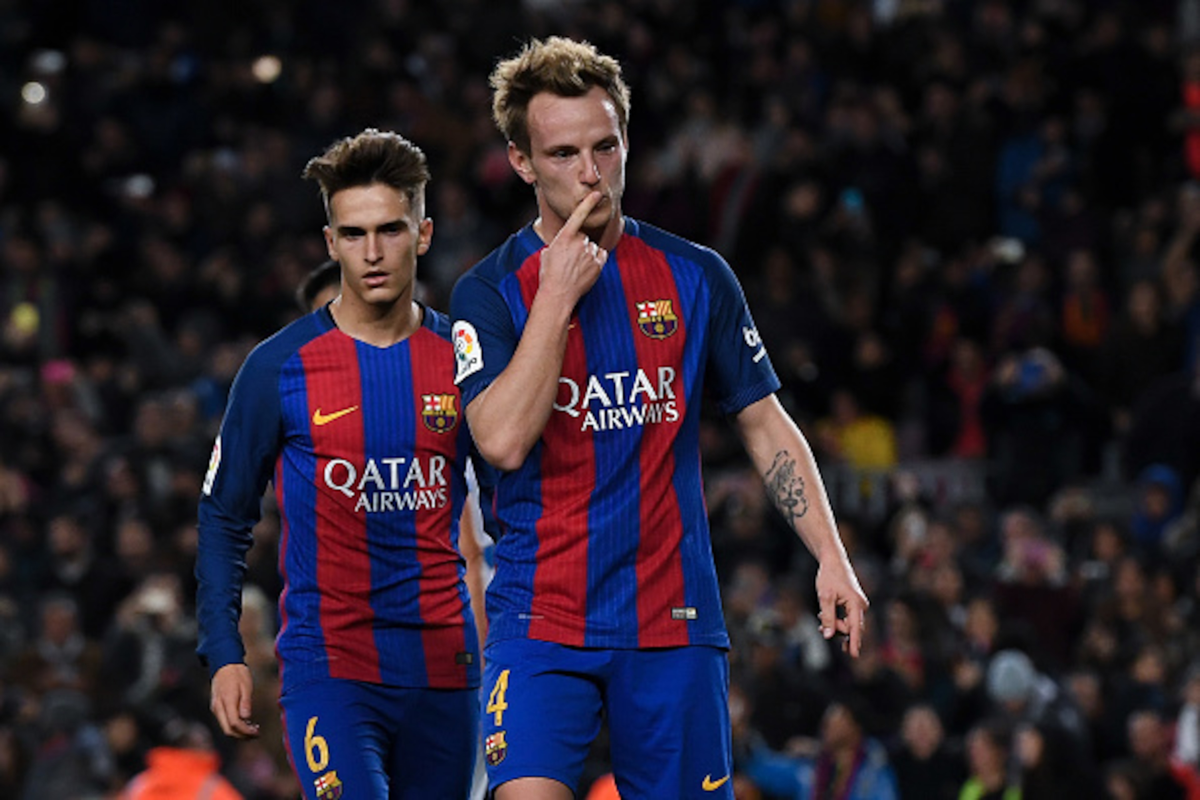 BARCELONA, SPAIN - DECEMBER 21:  Ivan Rakitic of FC Barcelona celebrates after scoring from the penalty spot his team's second goal during the Copa del Rey round of 32 second leg match between FC Barcelona and Hercules at Camp Nou on December 21, 2016 in 