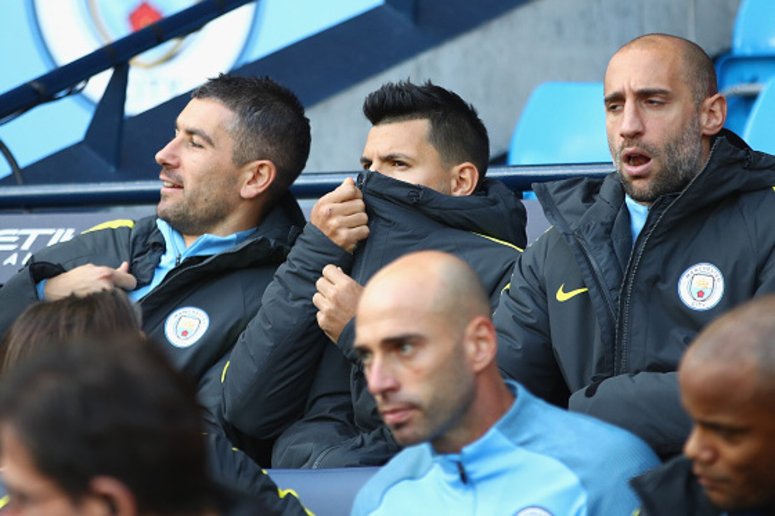 MANCHESTER, ENGLAND - OCTOBER 15:  Sergio Aguero of Manchester City takes his seat on the bench during the Premier League match between Manchester City and Everton at Etihad Stadium on October 15, 2016 in Manchester, England.  (Photo by Clive Brunskill/Ge