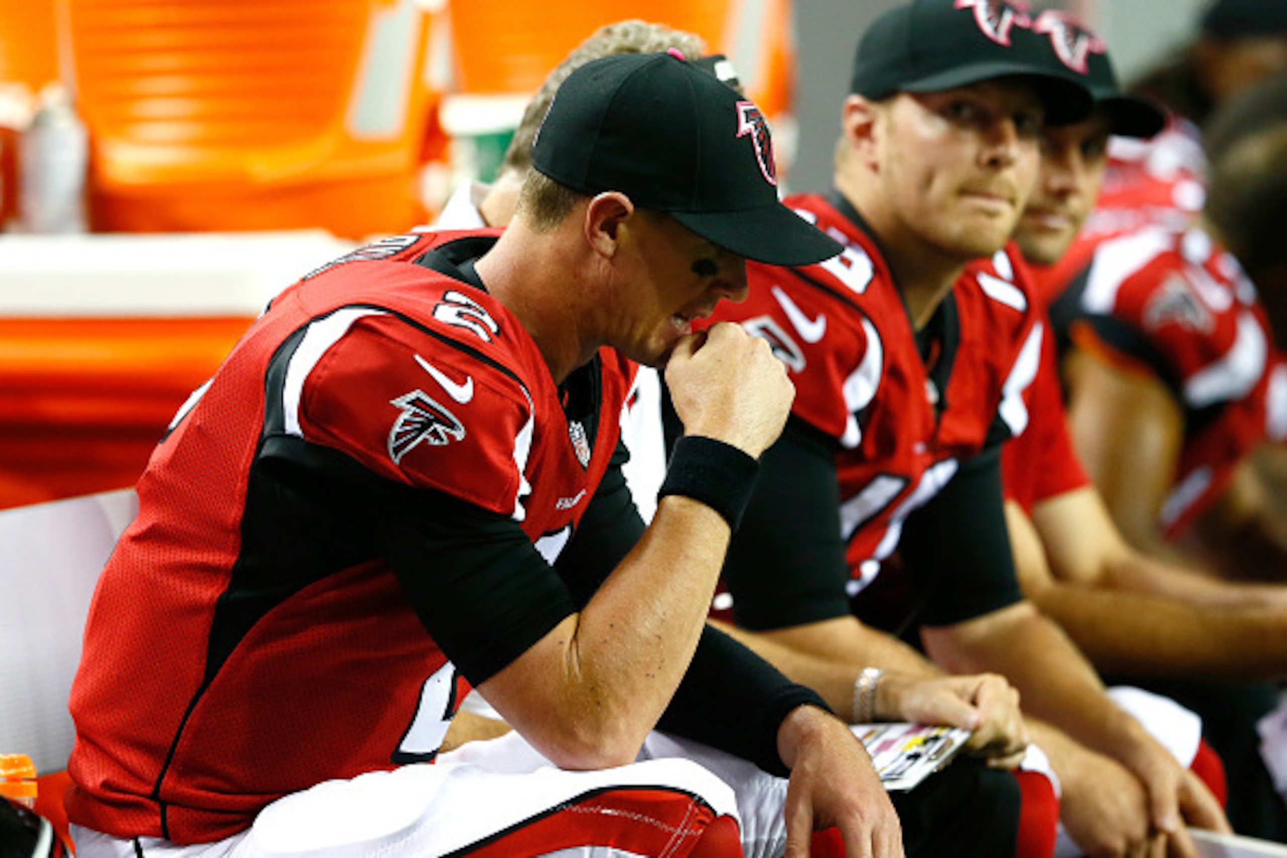 ATLANTA, GA - OCTOBER 12: Matt Ryan #2 of the Atlanta Falcons looks on from the sideline in the final minutes of their 27-13 loss to the Chicago Bears at Georgia Dome on October 12, 2014 in Atlanta, Georgia. (Photo by Kevin C. Cox/Getty Images) ATLANTA, GA - OCTOBER 12: Matt Ryan #2 of the Atlanta Falcons looks on from the sideline in the final minutes of their 27-13 loss to the Chicago Bears at Georgia Dome on October 12, 2014 in Atlanta, Georgia. (Photo by Kevin C. Cox/Getty Images)