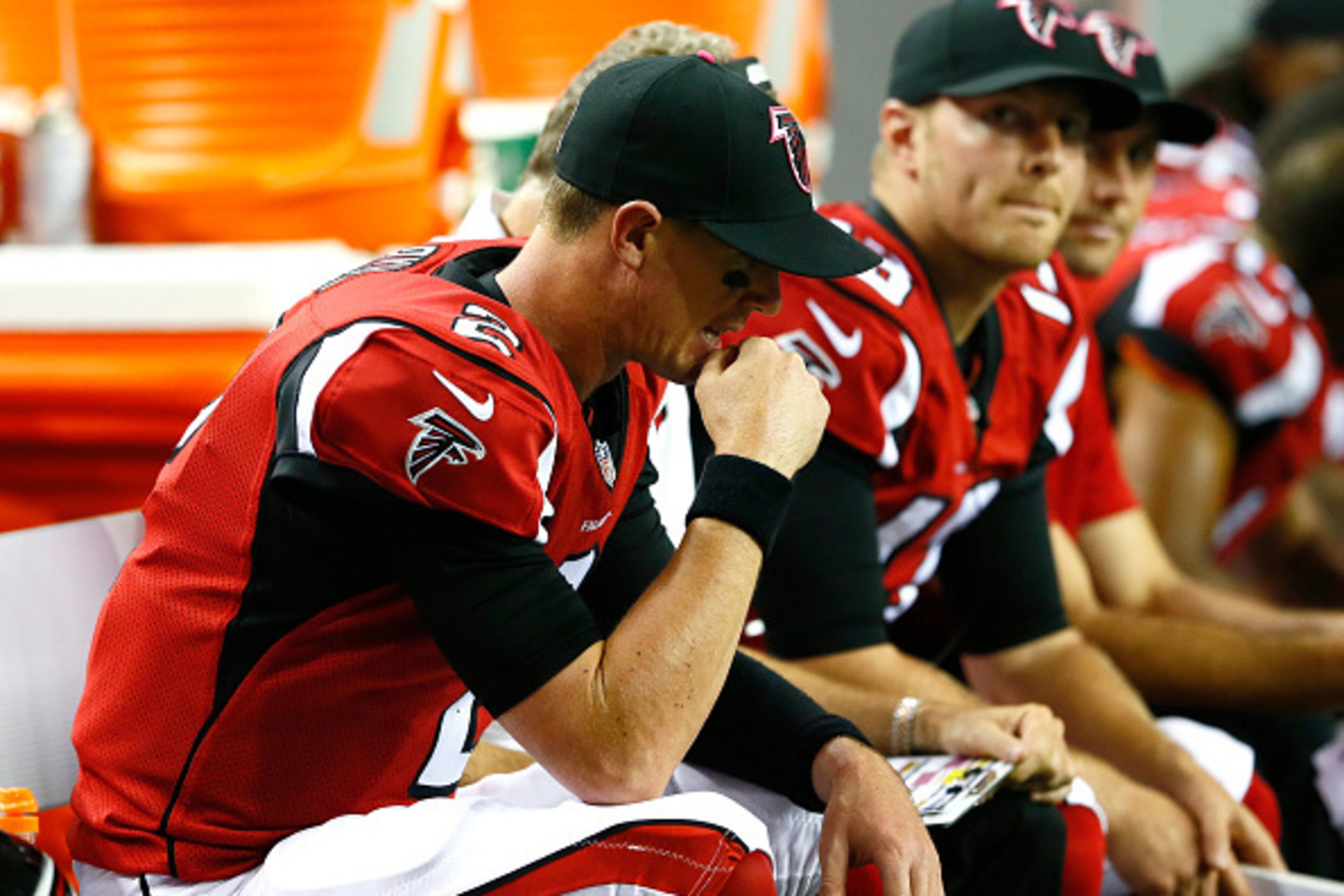 ATLANTA, GA - OCTOBER 12:  Matt Ryan #2 of the Atlanta Falcons looks on from the sideline in the final minutes of their 27-13 loss to the Chicago Bears at Georgia Dome on October 12, 2014 in Atlanta, Georgia.  (Photo by Kevin C. Cox/Getty Images)