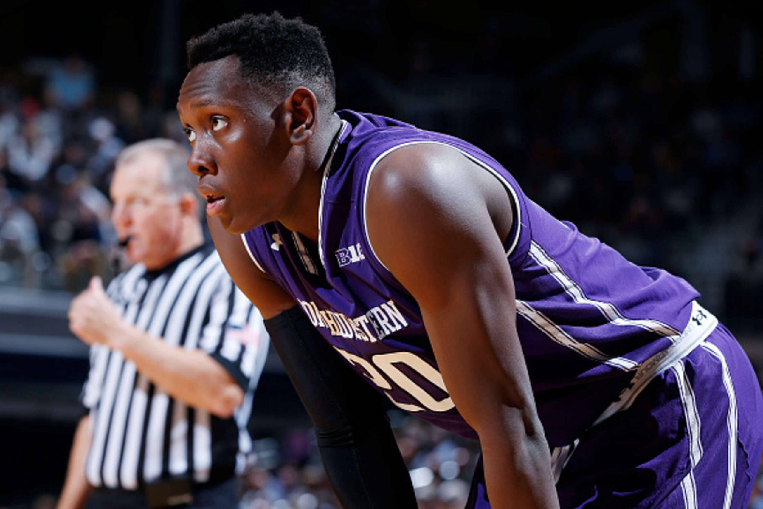 INDIANAPOLIS, IN - NOVEMBER 16: Scottie Lindsey #20 of the Northwestern Wildcats looks on during the game against the Butler Bulldogs at Hinkle Fieldhouse on November 16, 2016 in Indianapolis, Indiana. Butler defeated Northwestern 70-68. (Photo by Joe Rob
