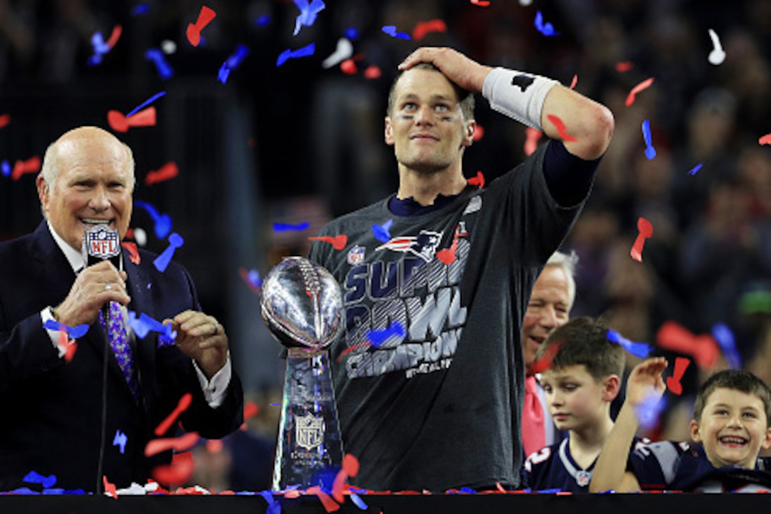 HOUSTON, TX - FEBRUARY 05:  Tom Brady #12 of the New England Patriots holds the Vince Lombardi Trophy after defeating the Atlanta Falcons 34-28 in overtime during Super Bowl 51 at NRG Stadium on February 5, 2017 in Houston, Texas.  (Photo by Mike Ehrmann/