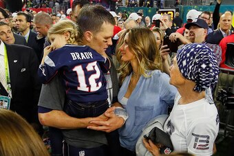 HOUSTON, TX - FEBRUARY 05:  Tom Brady #12 of the New England Patriots celebrates with wife Gisele Bundchen and daughter Vivian Brady after defeating the Atlanta Falcons during Super Bowl 51 at NRG Stadium on February 5, 2017 in Houston, Texas. The Patriot