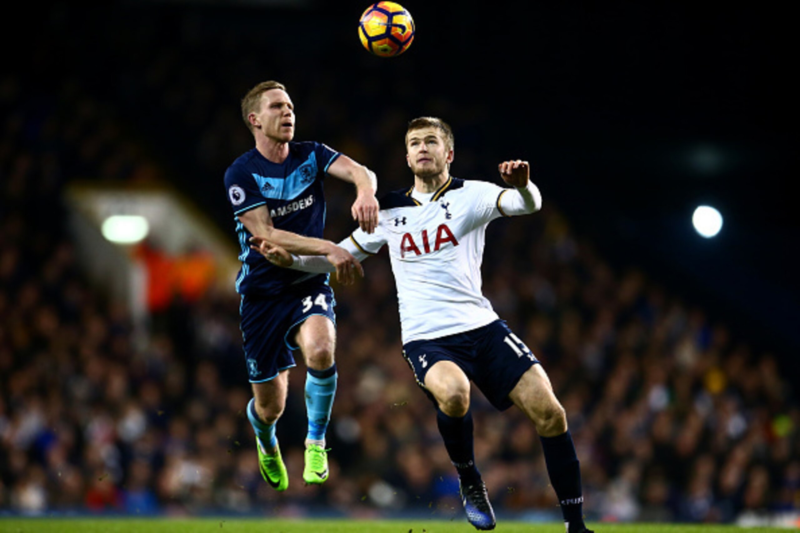 LONDON, ENGLAND - FEBRUARY 04:  Eric Dier of Tottenham Hotspur battles for the ball with Adam Forshaw of Middlesbrough during the Premier League match between Tottenham Hotspur and Middlesbrough at White Hart Lane on February 4, 2017 in London, England.  