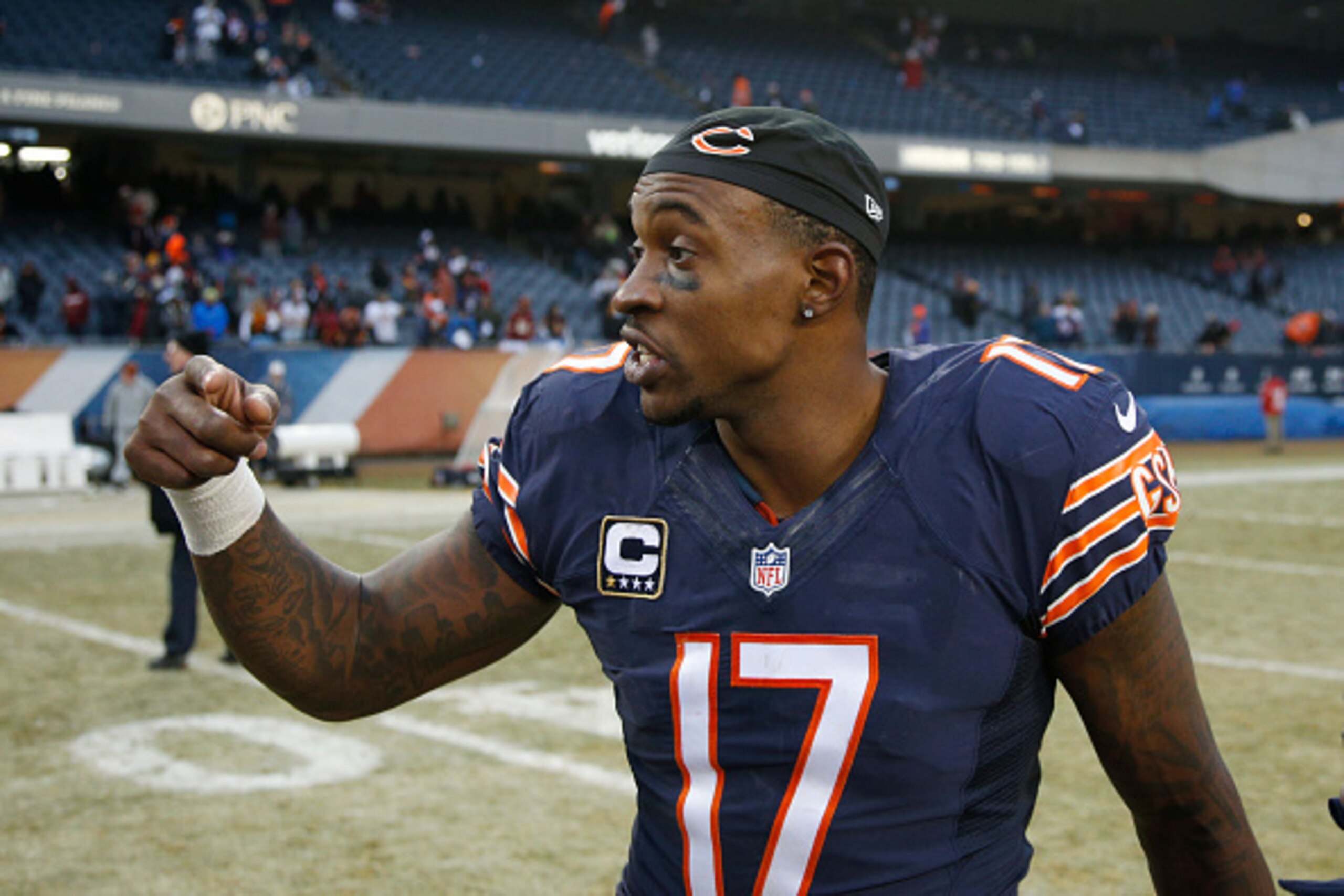 CHICAGO, IL - DECEMBER 24: Alshon Jeffery #17 of the Chicago Bears looks on during the game against the Washington Redskins at Soldier Field on December 24, 2016 in Chicago, Illinois. Washington defeated Chicago 41-21. (Photo by Joe Robbins/Getty Images) CHICAGO, IL - DECEMBER 24: Alshon Jeffery #17 of the Chicago Bears looks on during the game against the Washington Redskins at Soldier Field on December 24, 2016 in Chicago, Illinois. Washington defeated Chicago 41-21. (Photo by Joe Robbins/Getty Images)