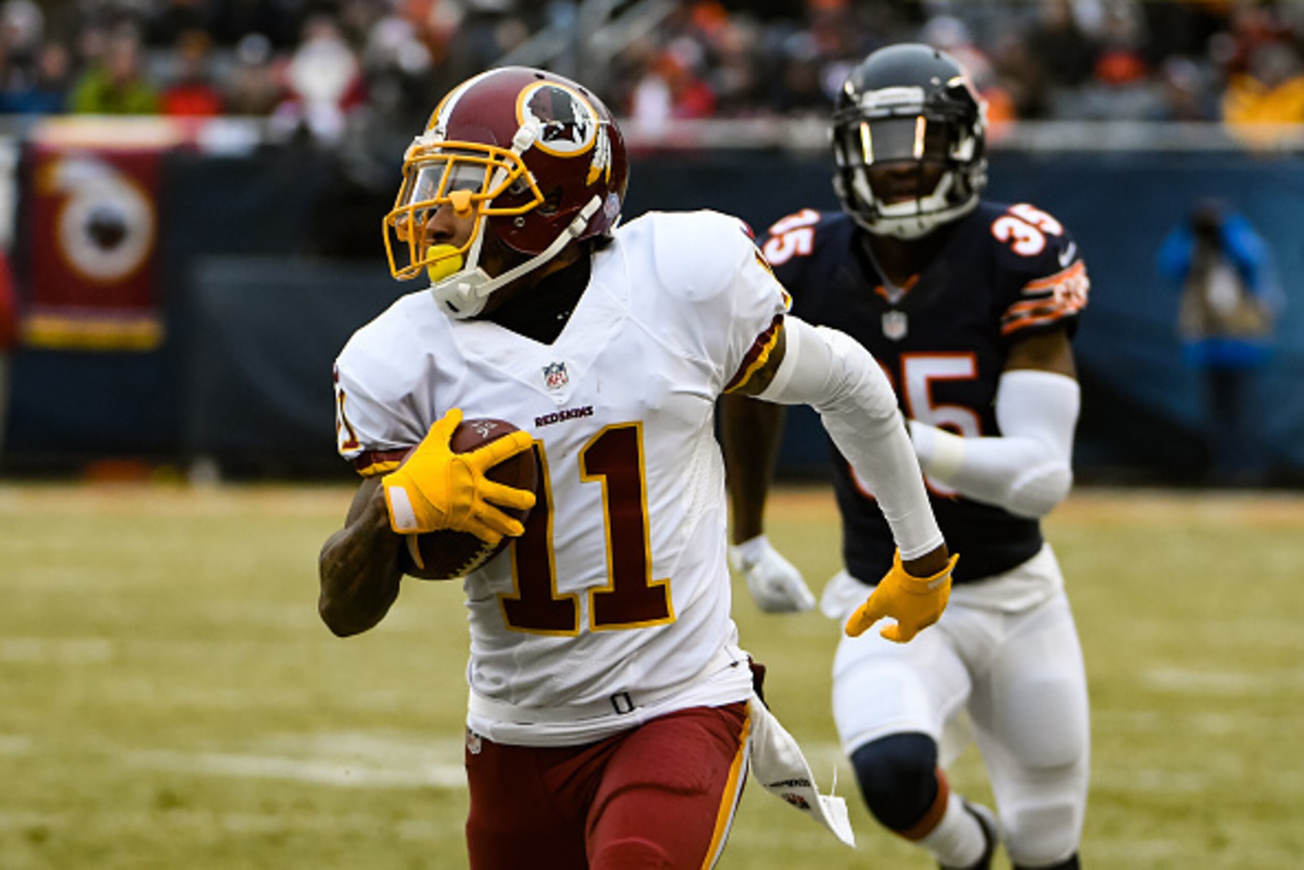 CHICAGO, IL - DECEMBER 24: DeSean Jackson #11 of the Washington Redskins carries the football ahead of Johnthan Banks #35 of the Chicago Bears in the first quarter at Soldier Field on December 24, 2016 in Chicago, Illinois. (Photo by David Banks/Getty CHICAGO, IL - DECEMBER 24: DeSean Jackson #11 of the Washington Redskins carries the football ahead of Johnthan Banks #35 of the Chicago Bears in the first quarter at Soldier Field on December 24, 2016 in Chicago, Illinois. (Photo by David Banks/Getty
