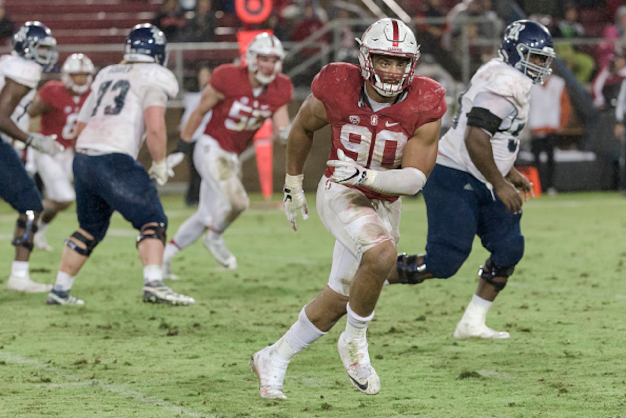 PALO ALTO, CA - NOVEMBER 26: Solomon Thomas #90 of the Stanford Cardinal plays defense in an NCAA football game against the Rice Owls played on November 26, 2016 at Stanford Stadium in Palo Alto, California. (Photo by David Madison/Getty Images) PALO ALTO, CA - NOVEMBER 26: Solomon Thomas #90 of the Stanford Cardinal plays defense in an NCAA football game against the Rice Owls played on November 26, 2016 at Stanford Stadium in Palo Alto, California. (Photo by David Madison/Getty Images)