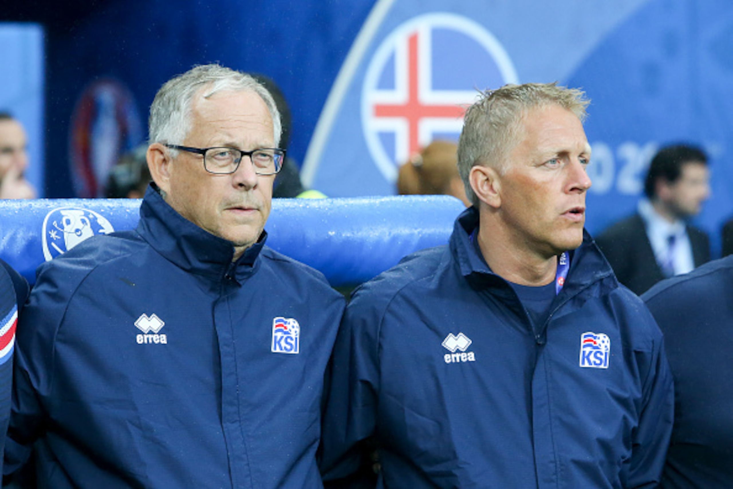 PARIS, FRANCE - JULY 03: Lars Lagerback and Heimir Hallgrimsson Head Coaches of Iceland are singing the national anthem prior to the UEFA EURO 2016 Quarter Final match between France and Iceland at Stade de France on July 3, 2016 in Paris, France. (Photo 