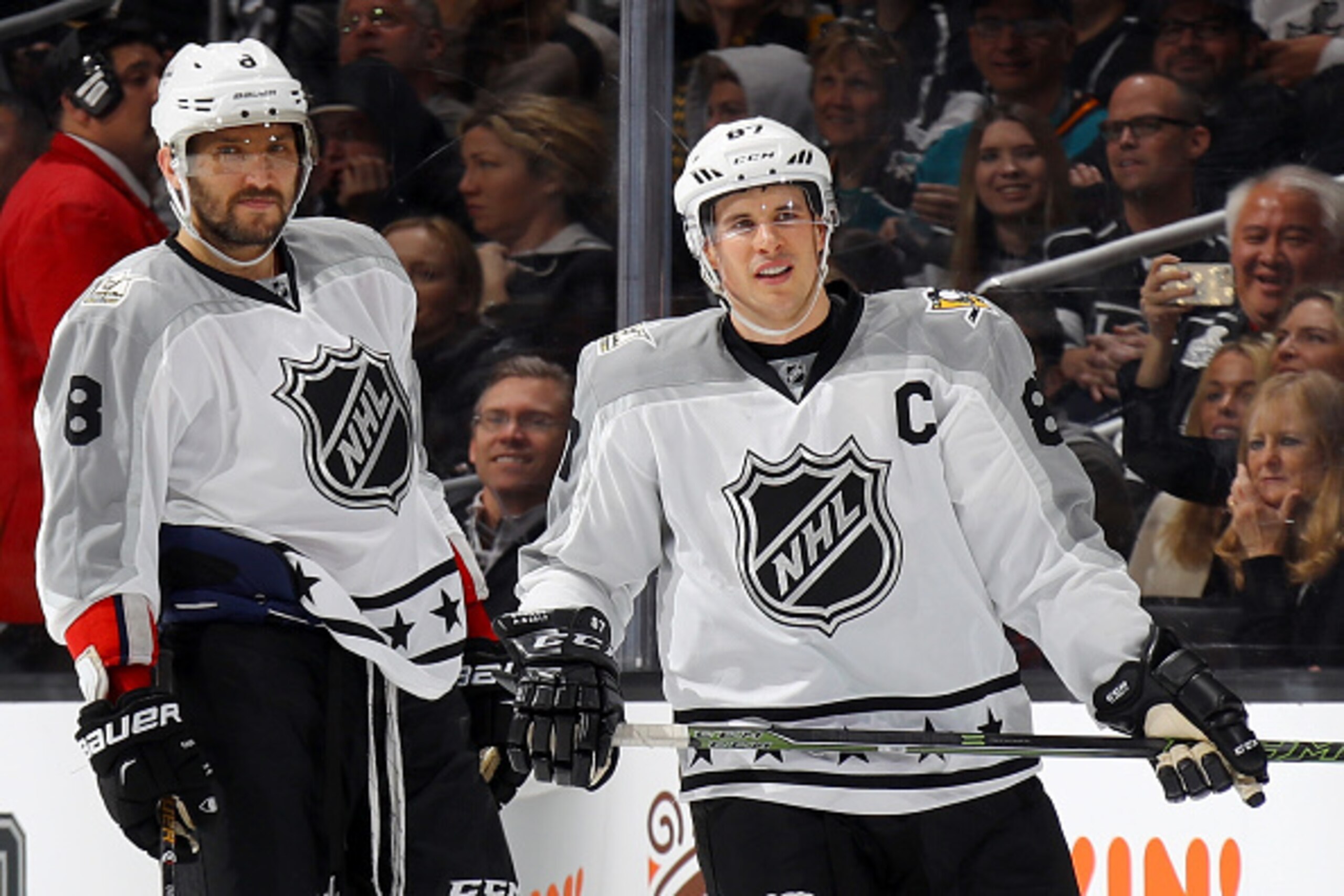 LOS ANGELES, CA - JANUARY 29:  Alex Ovechkin #8 of the Washington Capitals and Sidney Crosby #87 of the Pittsburgh Penguins look on during the 2017 Honda NHL All-Star Game Semifinal #2 (Atlantic vs. Metropolitan) at Staples Center on January 29, 2017 in L