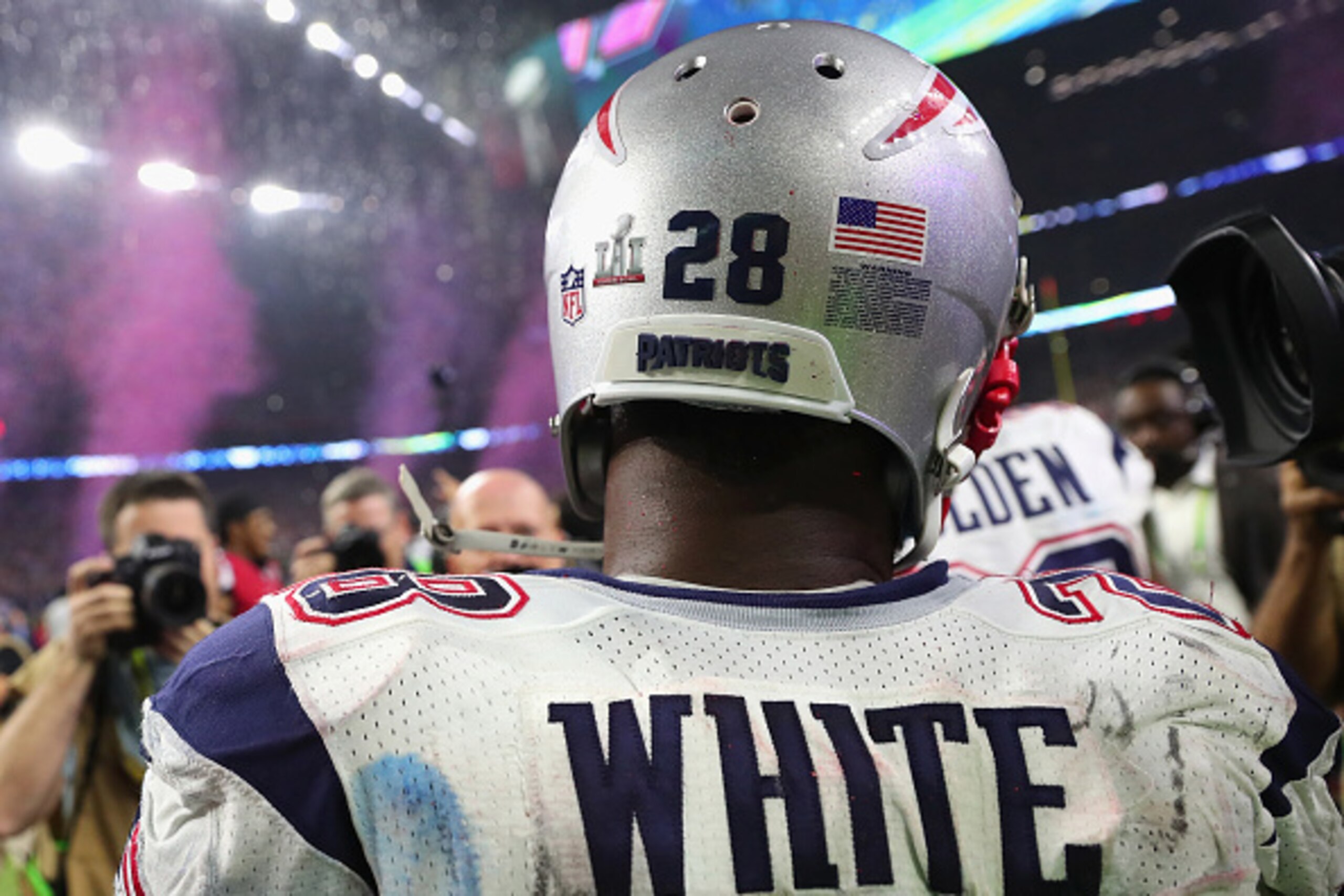 HOUSTON, TX - FEBRUARY 05:  James White #28 of the New England Patriots celebrates after defeating the Atlanta Falcons 34-28 in overtimeduring Super Bowl 51 at NRG Stadium on February 5, 2017 in Houston, Texas.  (Photo by Tom Pennington/Getty Images)