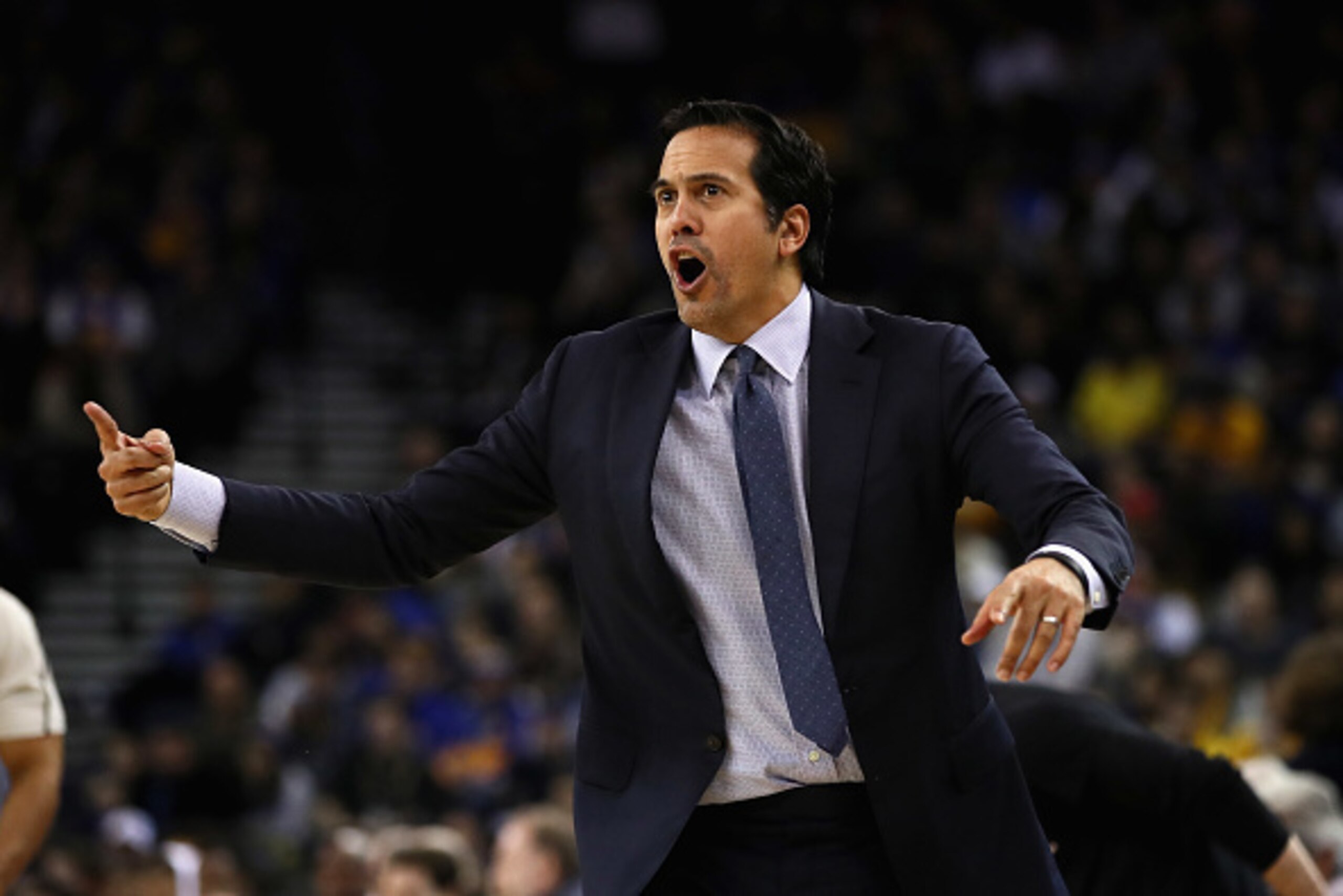 OAKLAND, CA - JANUARY 10:  Head coach Erik Spoelstra of the Miami Heat shouts to his team during their game against the Golden State Warriors at ORACLE Arena on January 10, 2017 in Oakland, California.  NOTE TO USER: User expressly acknowledges and agrees