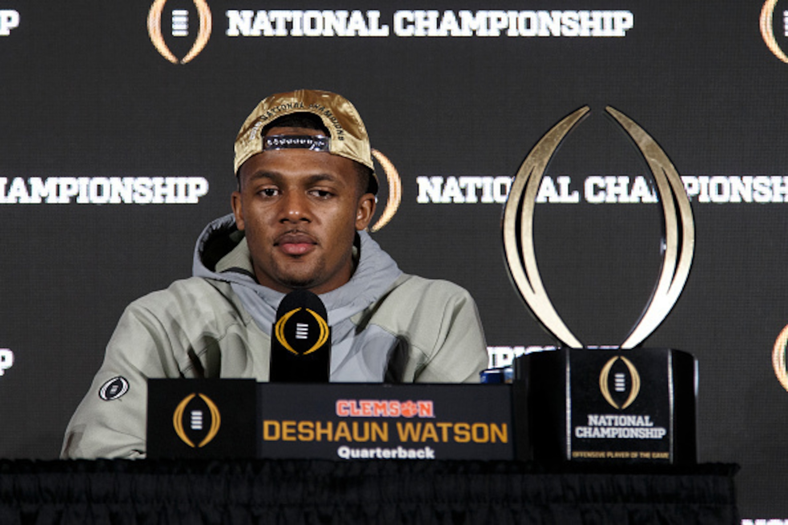 TAMPA, FL - JANUARY 10: Quarterback Deshaun Watson #4 of the Clemson Tigers, the offensive player of the game answer, questions from the media during the College Football Playoff Champions News Conference after winning the College Football Playoff Nationa