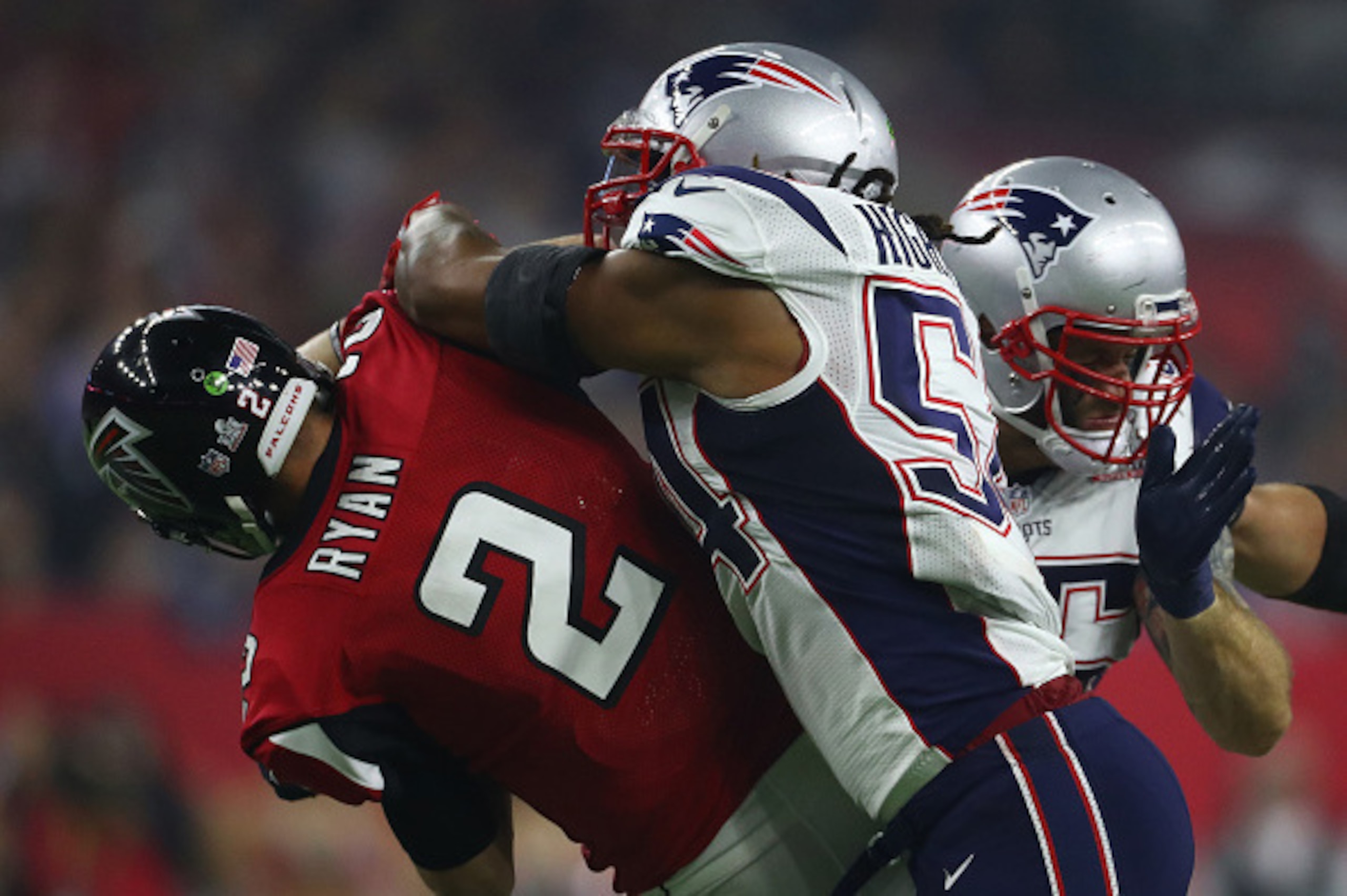 HOUSTON, TX - FEBRUARY 05:  Matt Ryan #2 of the Atlanta Falcons is sacked by Dont'a Hightower #54 of the New England Patriots during the fourth Quarter of Super Bowl 51 at NRG Stadium on February 5, 2017 in Houston, Texas.  (Photo by Al Bello/Getty Images