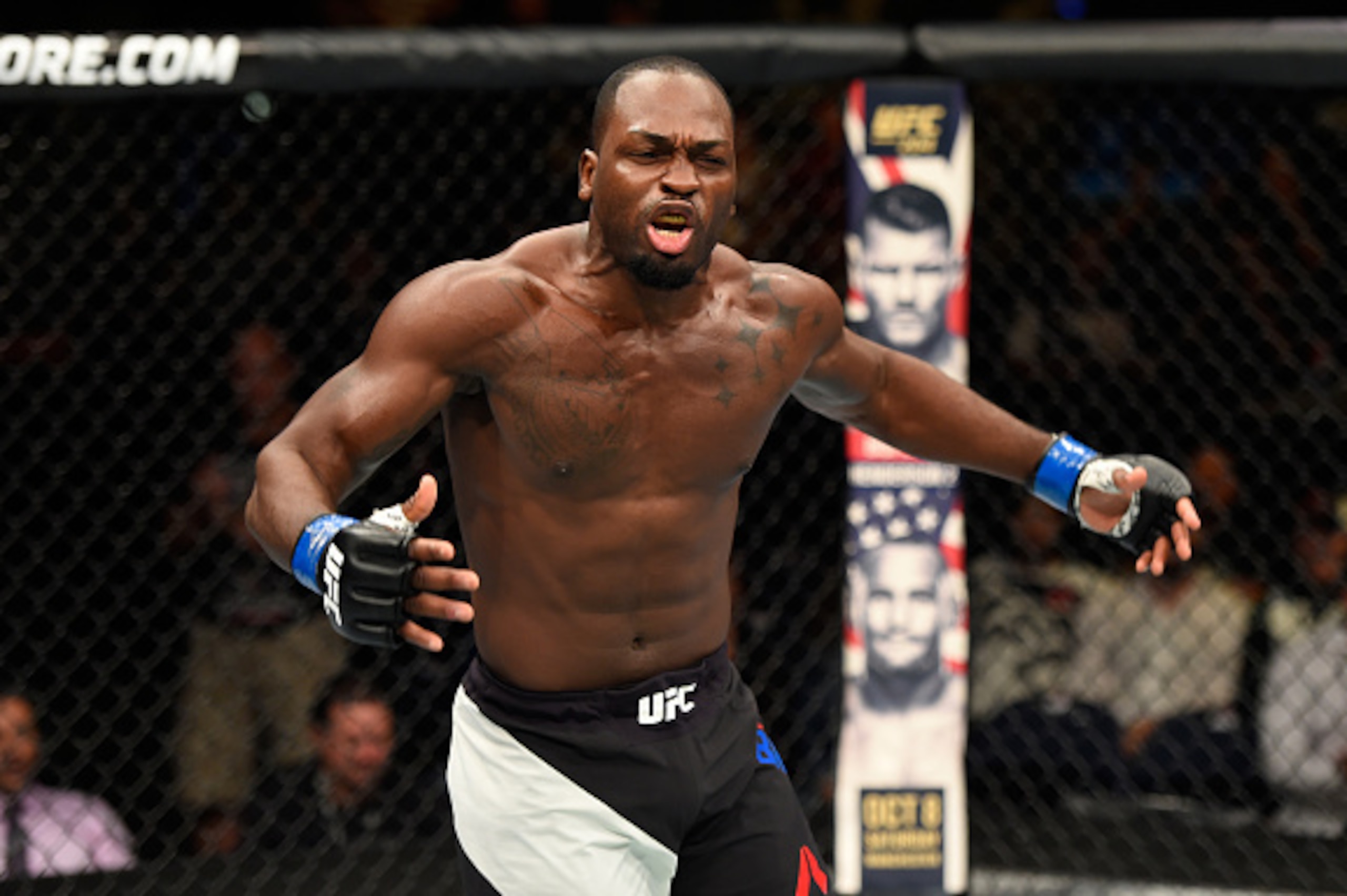 HIDALGO, TX - SEPTEMBER 17:   Derek Brunson celebrates his knockout victory over Uriah Hall of Jamaica in their middleweight bout during the UFC Fight Night event at State Farm Arena on September 17, 2016 in Hidalgo, Texas. (Photo by Josh Hedges/Zuffa LLC