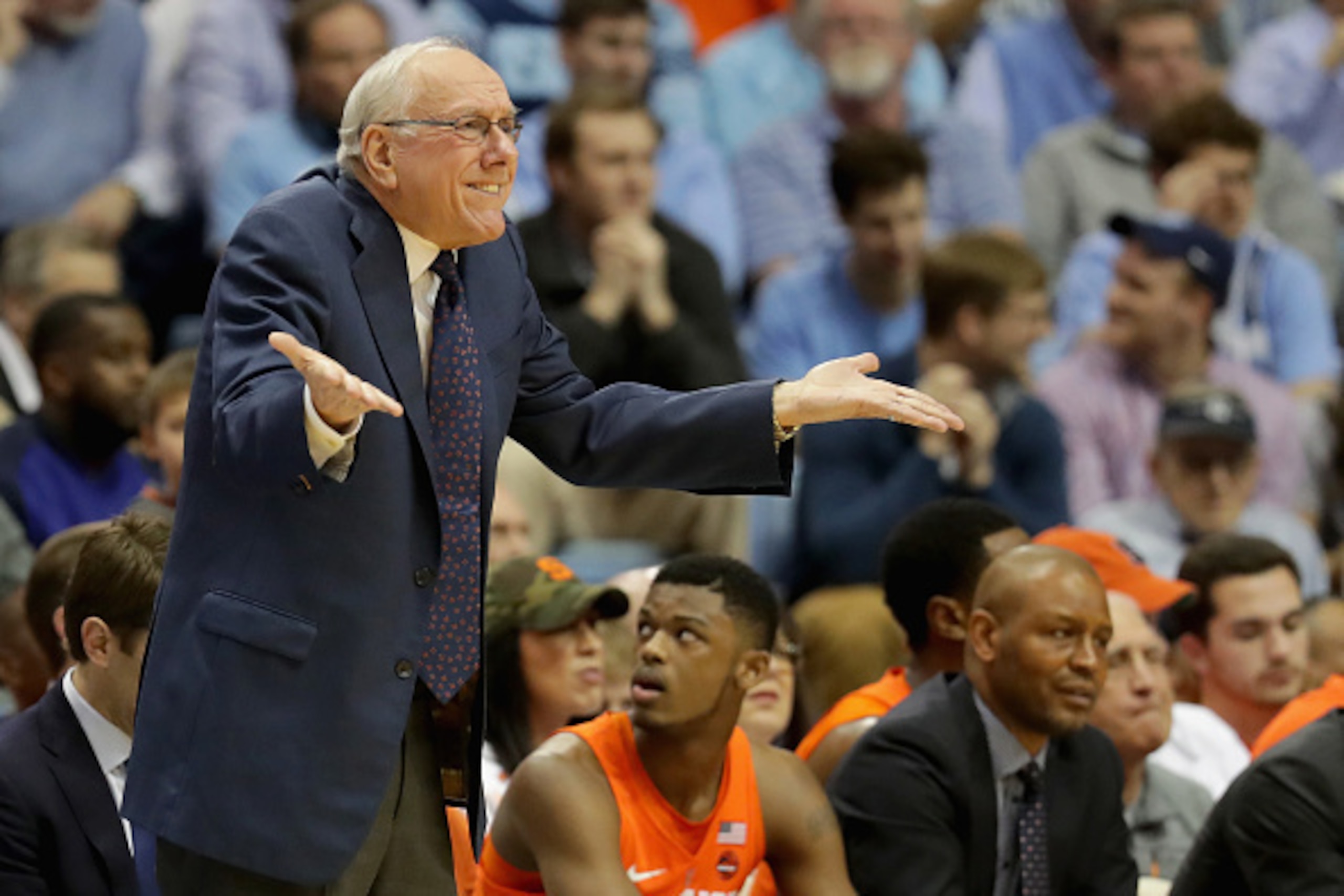 CHAPEL HILL, NC - JANUARY 16:  Head coach Jim Boeheim of the Syracuse Orange reacts to a call during their game against the North Carolina Tar Heels at the Dean Smith Center on January 16, 2017 in Chapel Hill, North Carolina.  (Photo by Streeter Lecka/Get