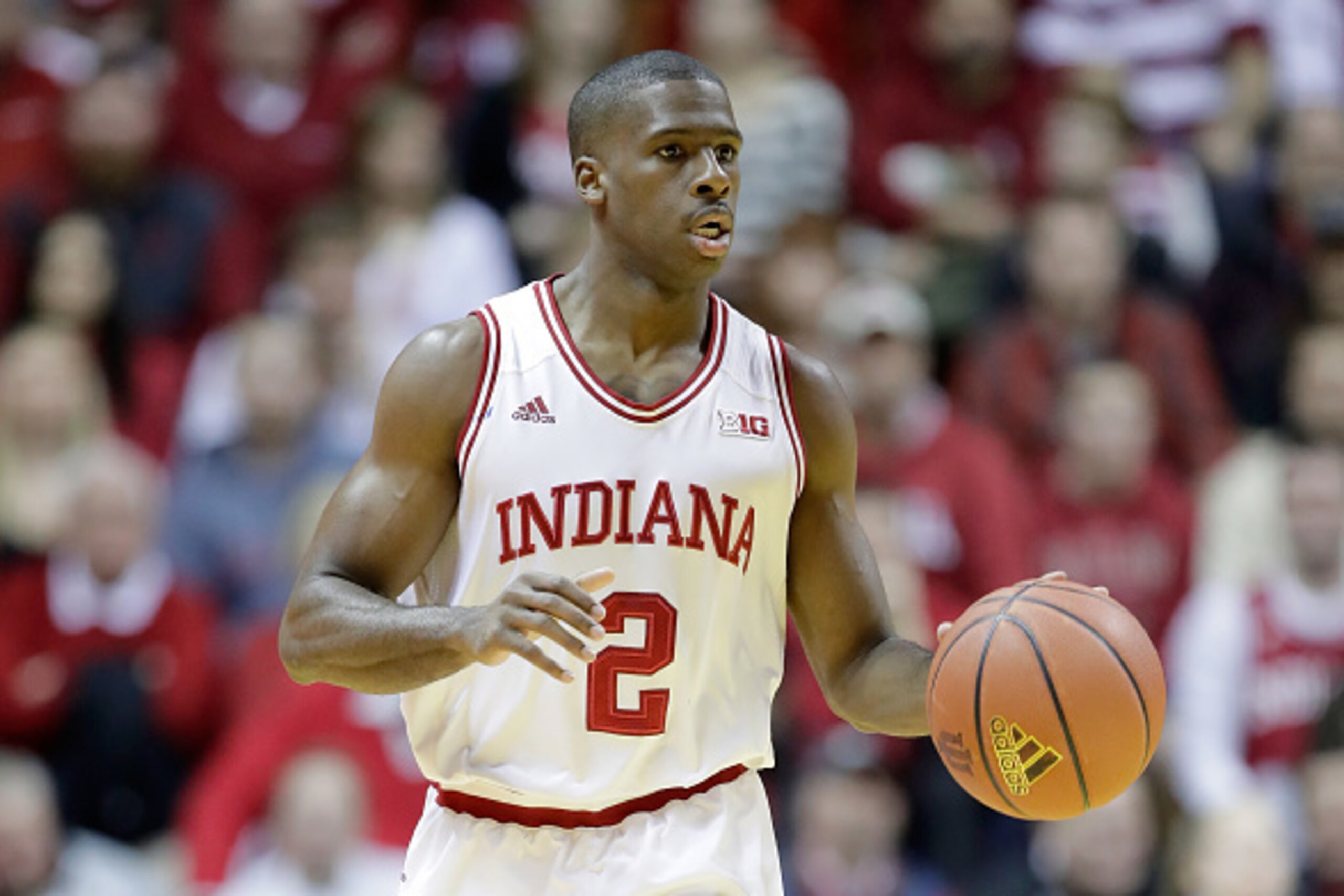 BLOOMINGTON, IN - FEBRUARY 01:  Josh Newkirk #2 of the Indiana Hoosiers dribbles the ball against the Penn State Nittany Lions at Assembly Hall on February 1, 2017 in Bloomington, Indiana.  (Photo by Andy Lyons/Getty Images)
