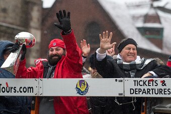 BOSTON, MA - FEBRUARY 07: New England Patriots defensive coordinator Matt Patricia and head coach Bill Belichick wave to the crowd during a Super Bowl victory parade on February 7, 2017 in Boston, Massachusetts. The Patriots defeated the Atlanta Falcons 3