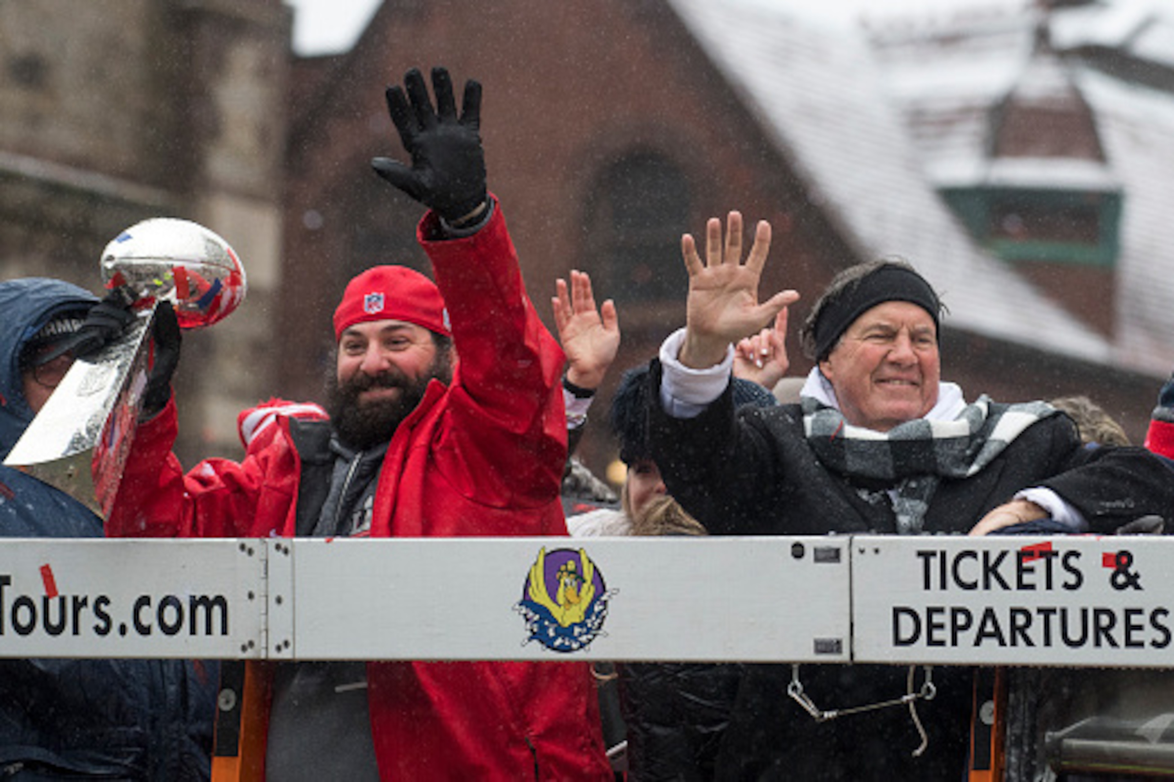 BOSTON, MA - FEBRUARY 07: New England Patriots defensive coordinator Matt Patricia and head coach Bill Belichick wave to the crowd during a Super Bowl victory parade on February 7, 2017 in Boston, Massachusetts. The Patriots defeated the Atlanta Falcons 3