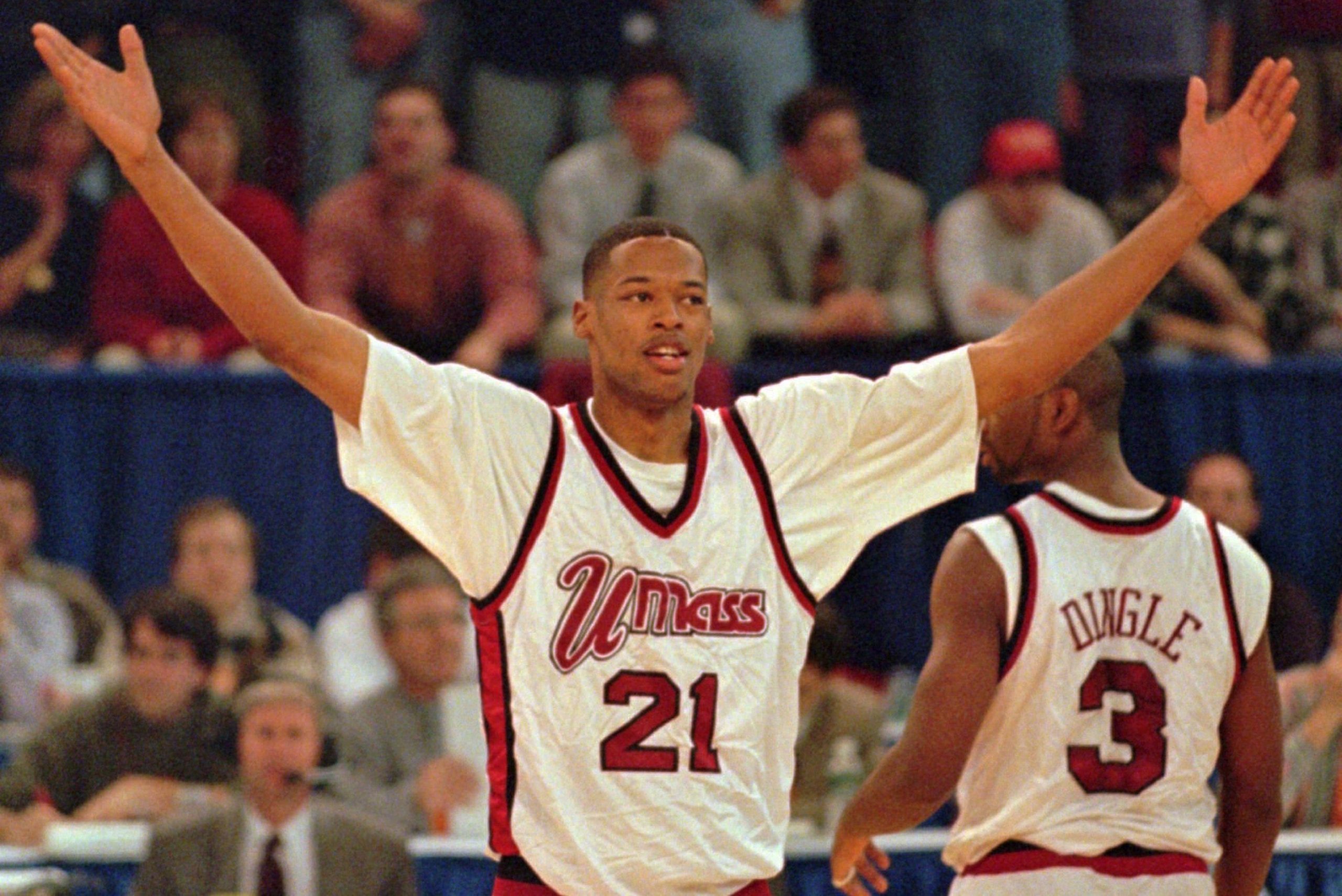 Marcus Camby celebrates a win for UMass in the 1996 NCAA tournament.