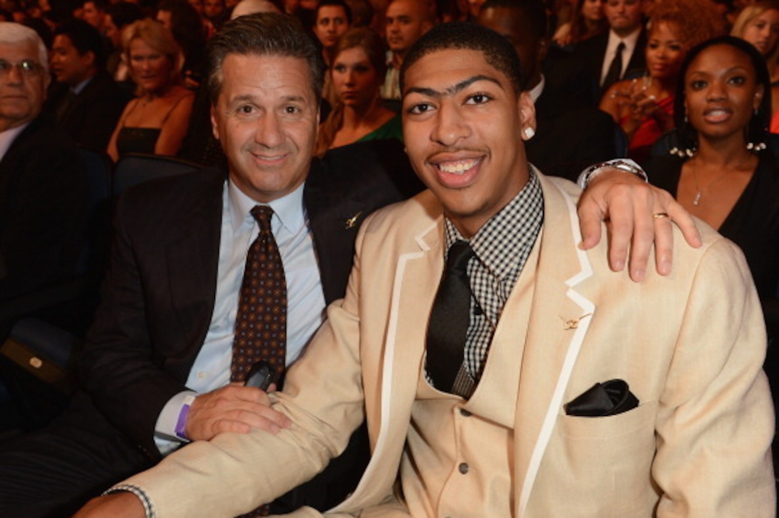 LOS ANGELES, CA - JULY 11:  University of Kentucky basketball coach John Calipari (L) and NBA New Orleans Hornets player Anthony Davis in the audience during the 2012 ESPY Awards at Nokia Theatre L.A. Live on July 11, 2012 in Los Angeles, California.  (Ph