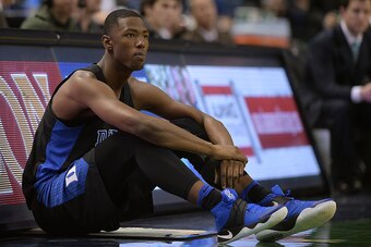 GREENSBORO, NC - DECEMBER 21: Harry Giles #1 of the Duke Blue Devils waits at the scorer's table during their game against the Elon Phoenix at the Greensboro Coliseum on December 21, 2016 in Greensboro, North Carolina. Duke won 72-61. (Photo by Lance King