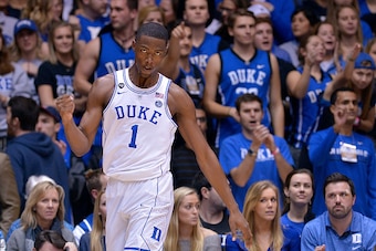 DURHAM, NC - JANUARY 04:  Harry Giles #1 of the Duke Blue Devils reacts after drawing a foul against the Georgia Tech Yellow Jackets during the game at Cameron Indoor Stadium on January 4, 2017 in Durham, North Carolina.  (Photo by Grant Halverson/Getty I