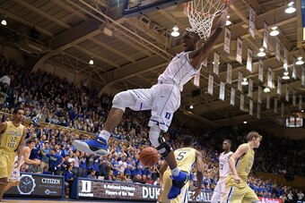 DURHAM, NC - JANUARY 04: Harry Giles #1 of the Duke Blue Devils reacts after dunking the ball against the Georgia Tech Yellow Jackets at Cameron Indoor Stadium on January 4, 2017 in Durham, North Carolina. Duke won 110-57. (Photo by Lance King/Getty Image