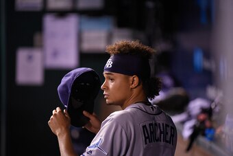 KANSAS CITY, MO - JUNE 1:  Chris Archer #22 of the Tampa Bay Rays prepares to pitch  against the Kansas City Royals at Kauffman Stadium on June 1, 2016 in Kansas City, Missouri. (Photo by Ed Zurga/Getty Images)
