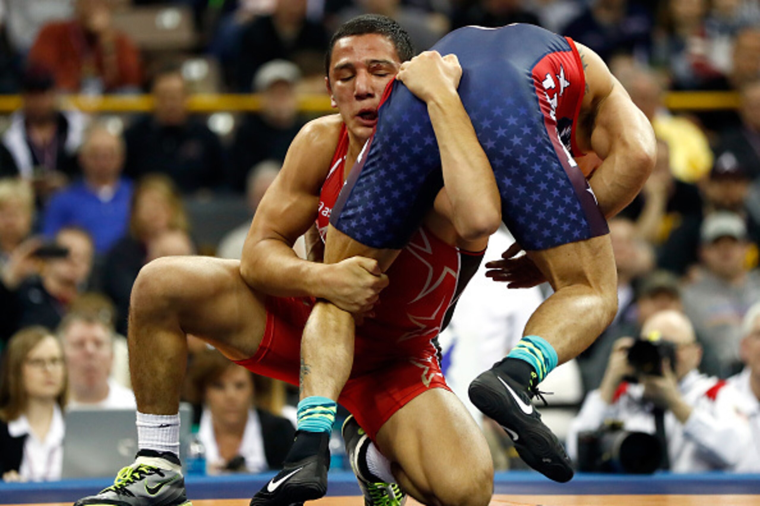 IOWA CITY, IOWA - APRIL 09:  Frank Molinaro and Aaron Pico compete during their Freestyle 65kg championship match on day 1 of the Olympic Team Wrestling Trials at Carver-Hawkeye Arena on April 9, 2016 in Iowa City, Iowa.  (Photo by Jamie Squire/Getty Imag